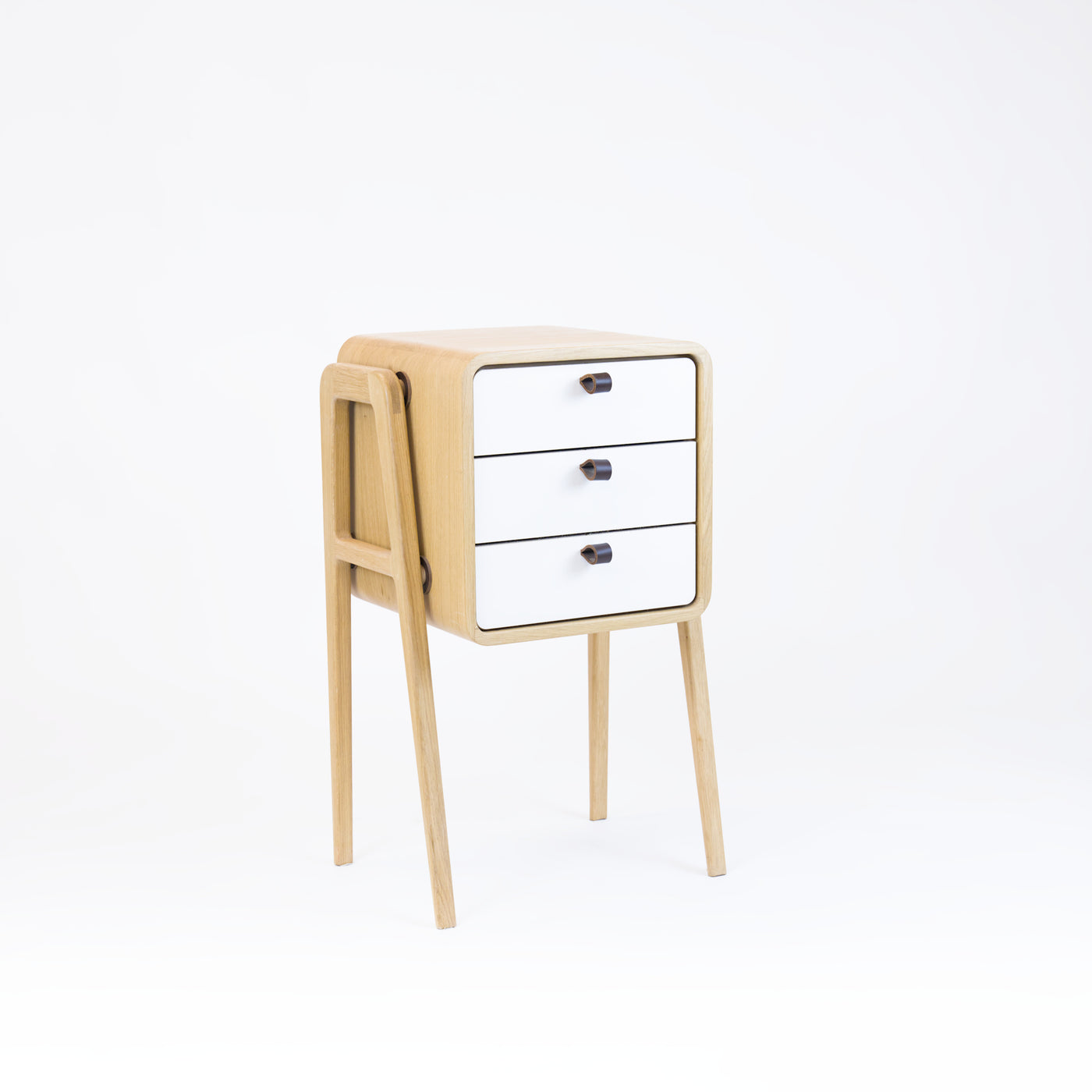High nightstand nm31H. The main corpus is crafted from solid Norwegian oak, featuring 3 drawers with white front.
