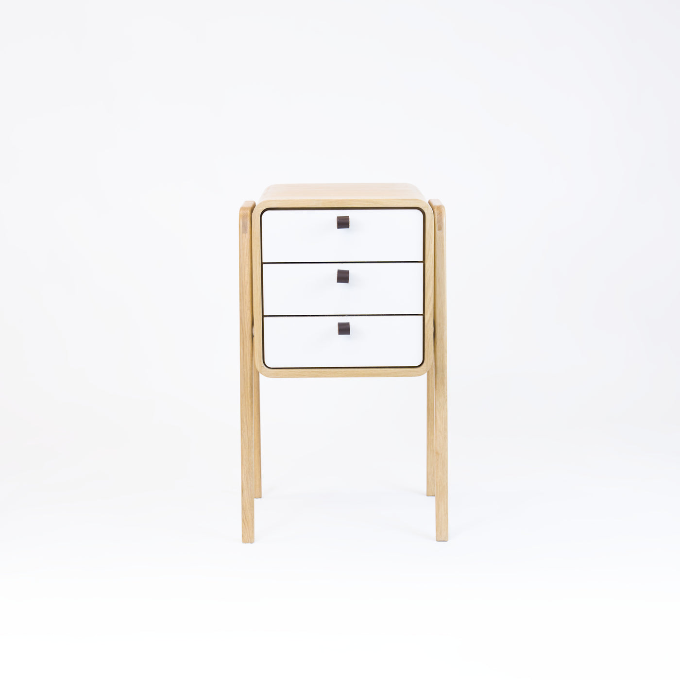 High nightstand nm31H. The main corpus is crafted from solid Norwegian oak, featuring 3 drawers with white front.