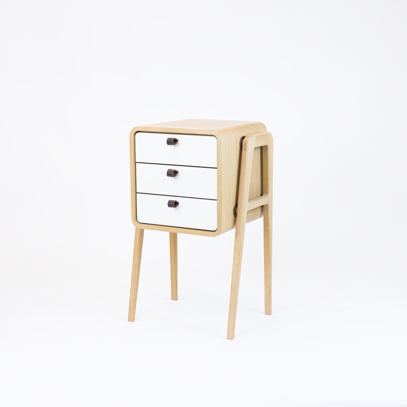 High nightstand nm31H. The main corpus is crafted from solid Norwegian oak, featuring 3 drawers with white front.