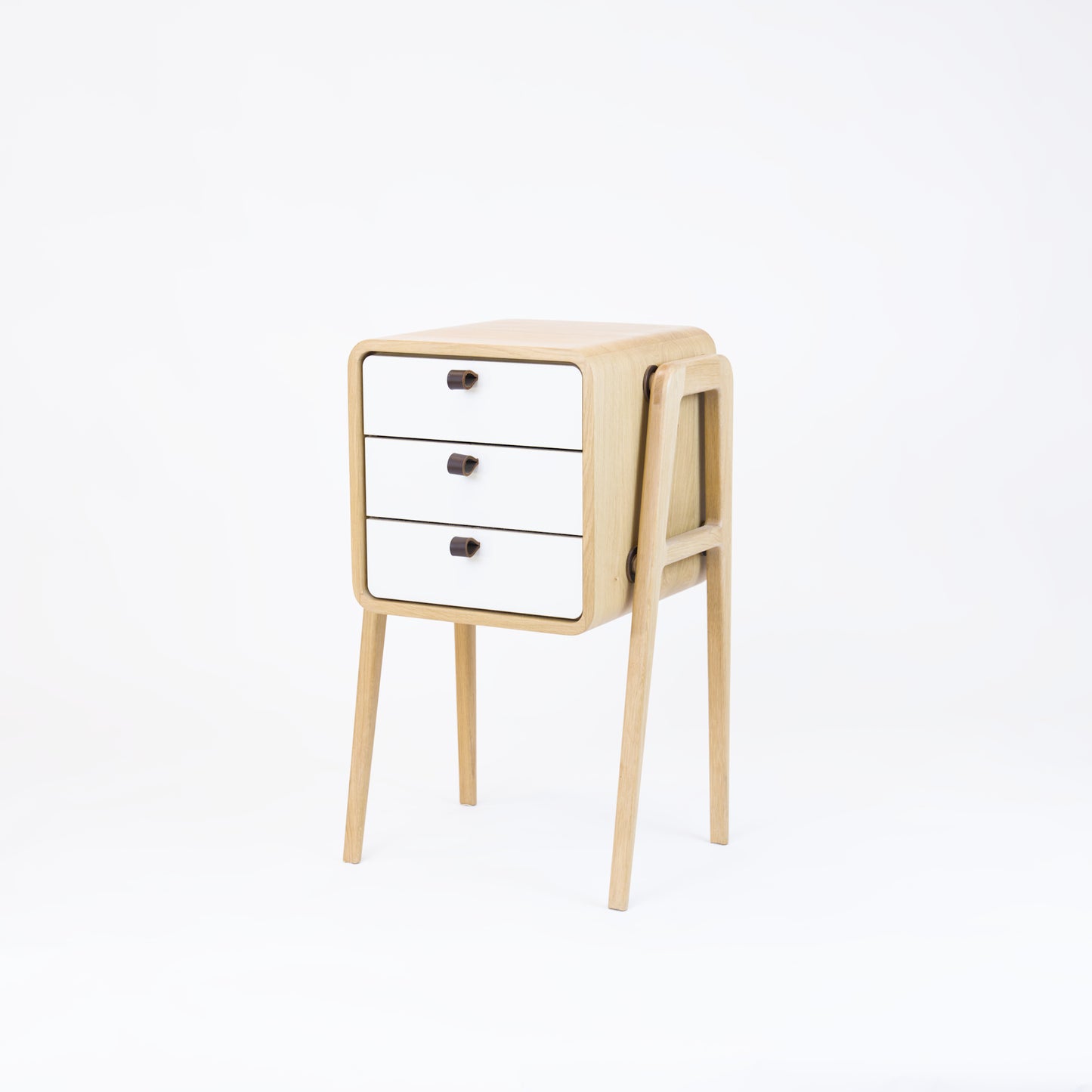 High nightstand nm31H. The main corpus is crafted from solid Norwegian oak, featuring 3 drawers with white front.