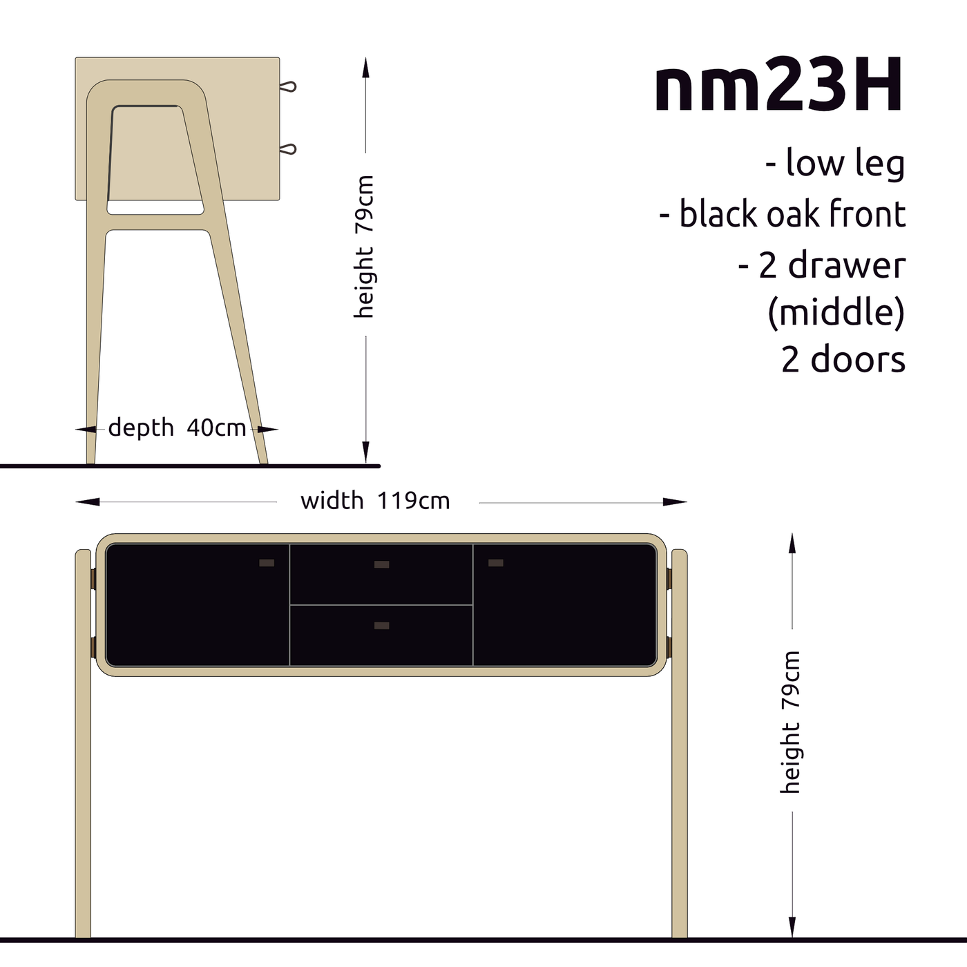 High sideboard nm23H. The main corpus is crafted from solid Norwegian oak, featuring 2 doors and 2 drawers in the middle, all with black oak fronts.