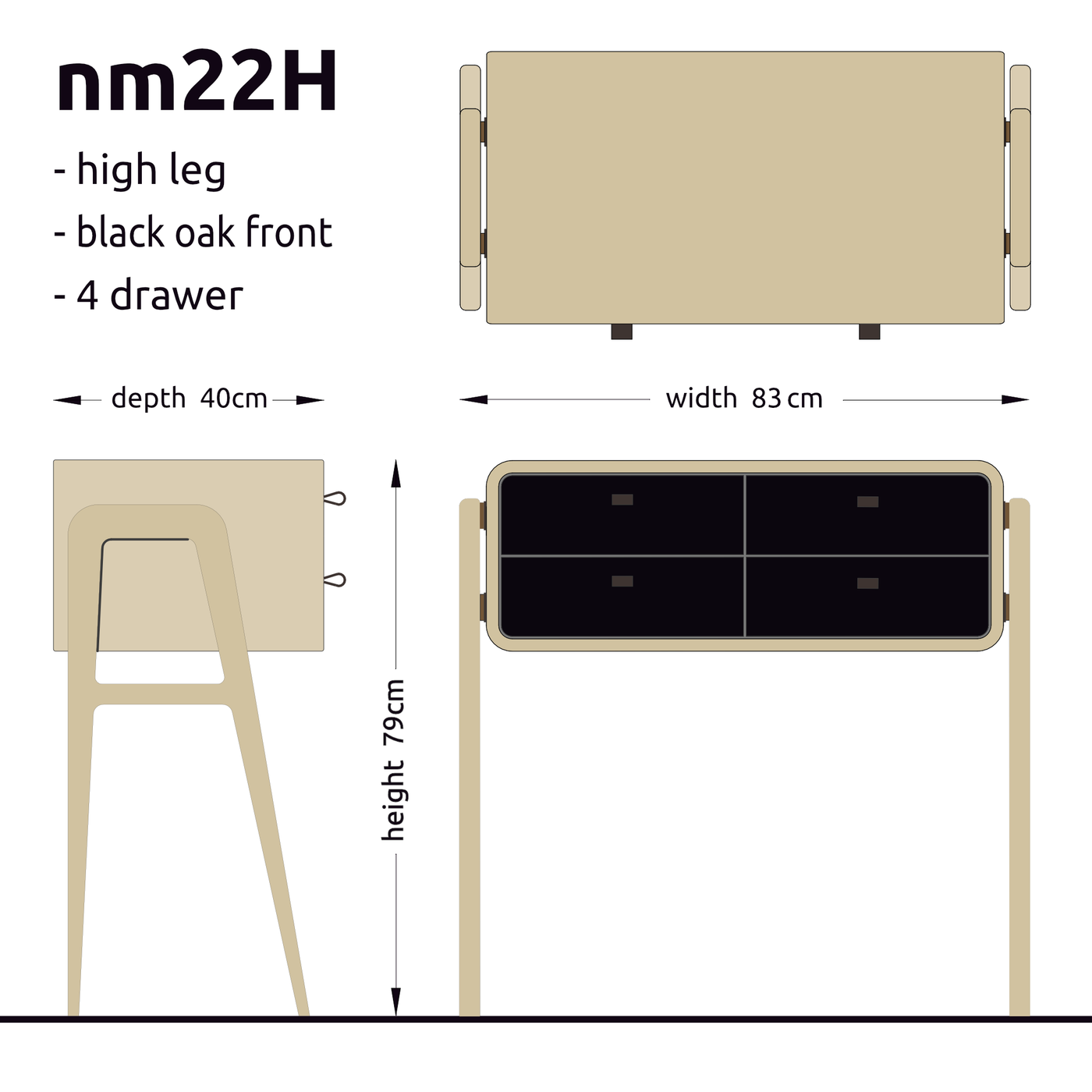 High sideboard nm22H. The main corpus is crafted from solid Norwegian oak, featuring 4 drawers with black oak fronts.