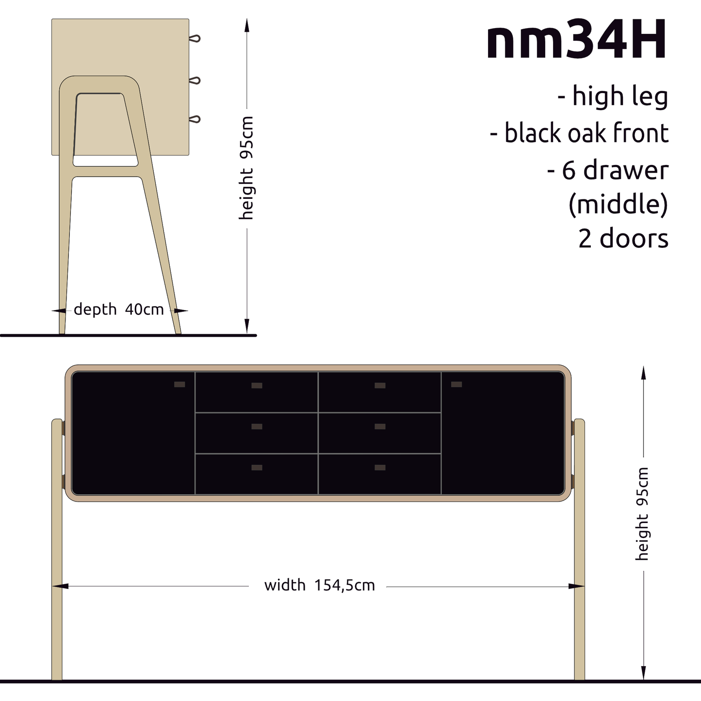 High sideboard nm23H. The main corpus is crafted from solid Norwegian oak, featuring 2 doors and 6 drawers in the middle, all with black oak fronts.