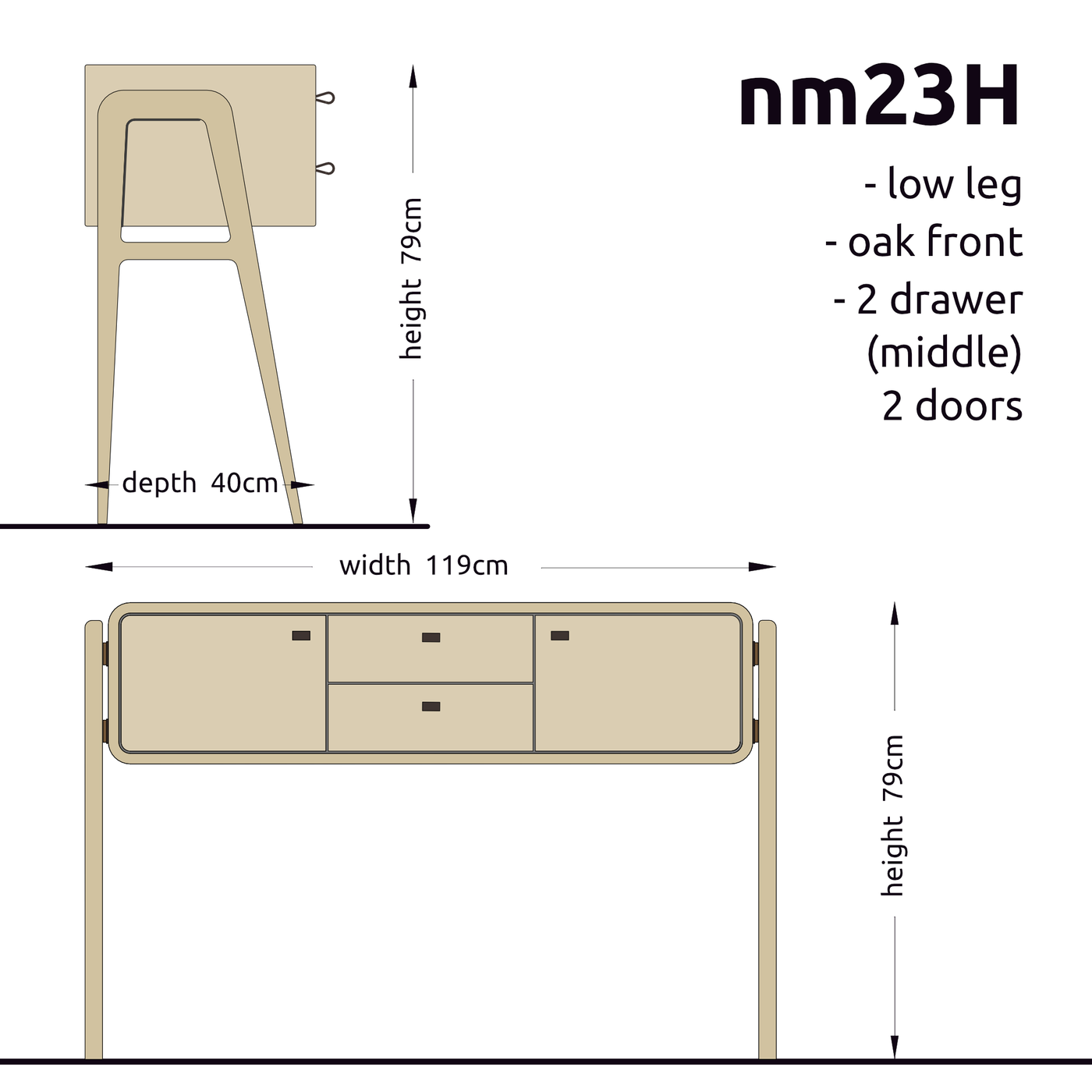 High sideboard nm23H. The main corpus is crafted from solid Norwegian oak, featuring 2 doors and 2 drawers in the middle, all with natural oak fronts.