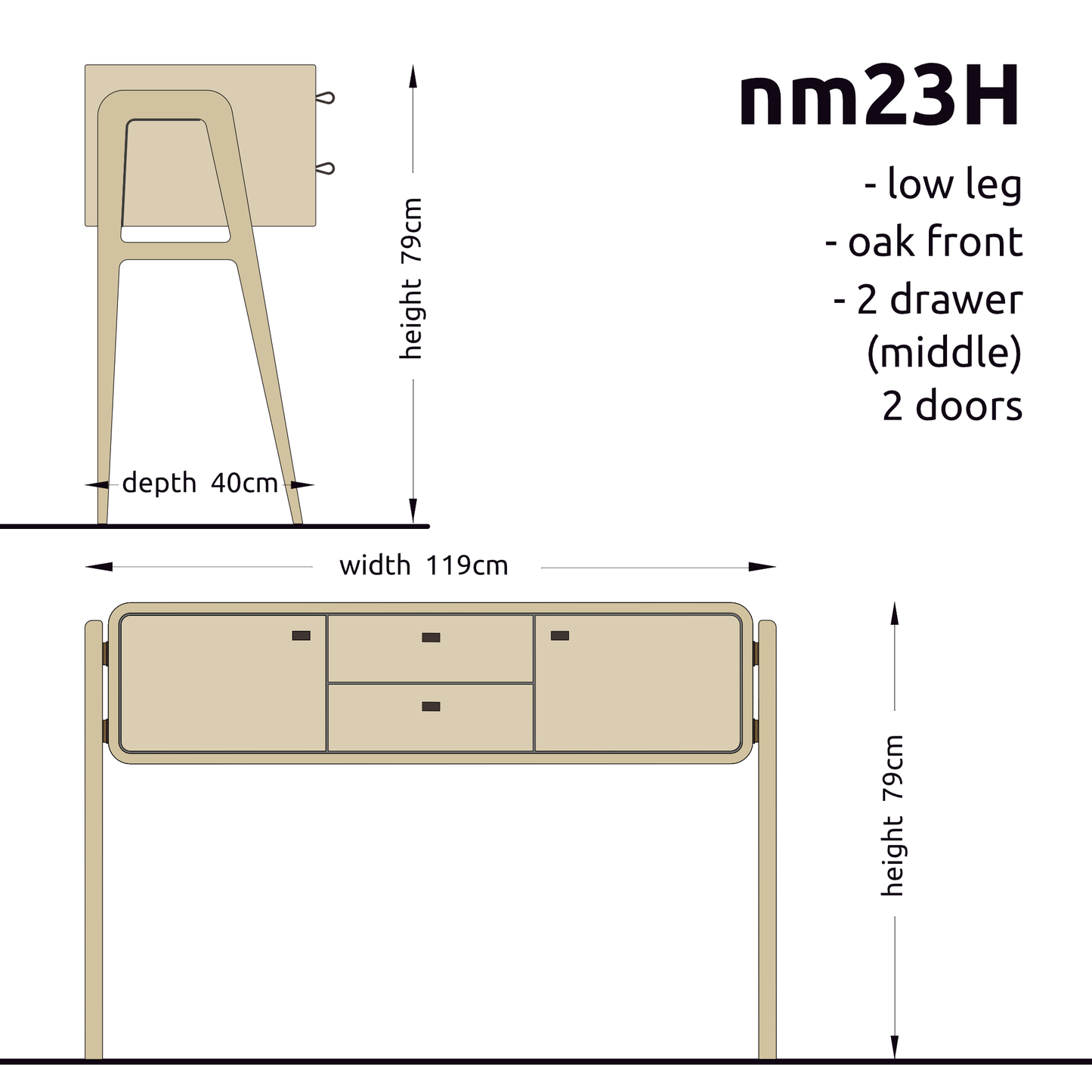 High sideboard nm23H. The main corpus is crafted from solid Norwegian oak, featuring 2 doors and 2 drawers in the middle, all with natural oak fronts.