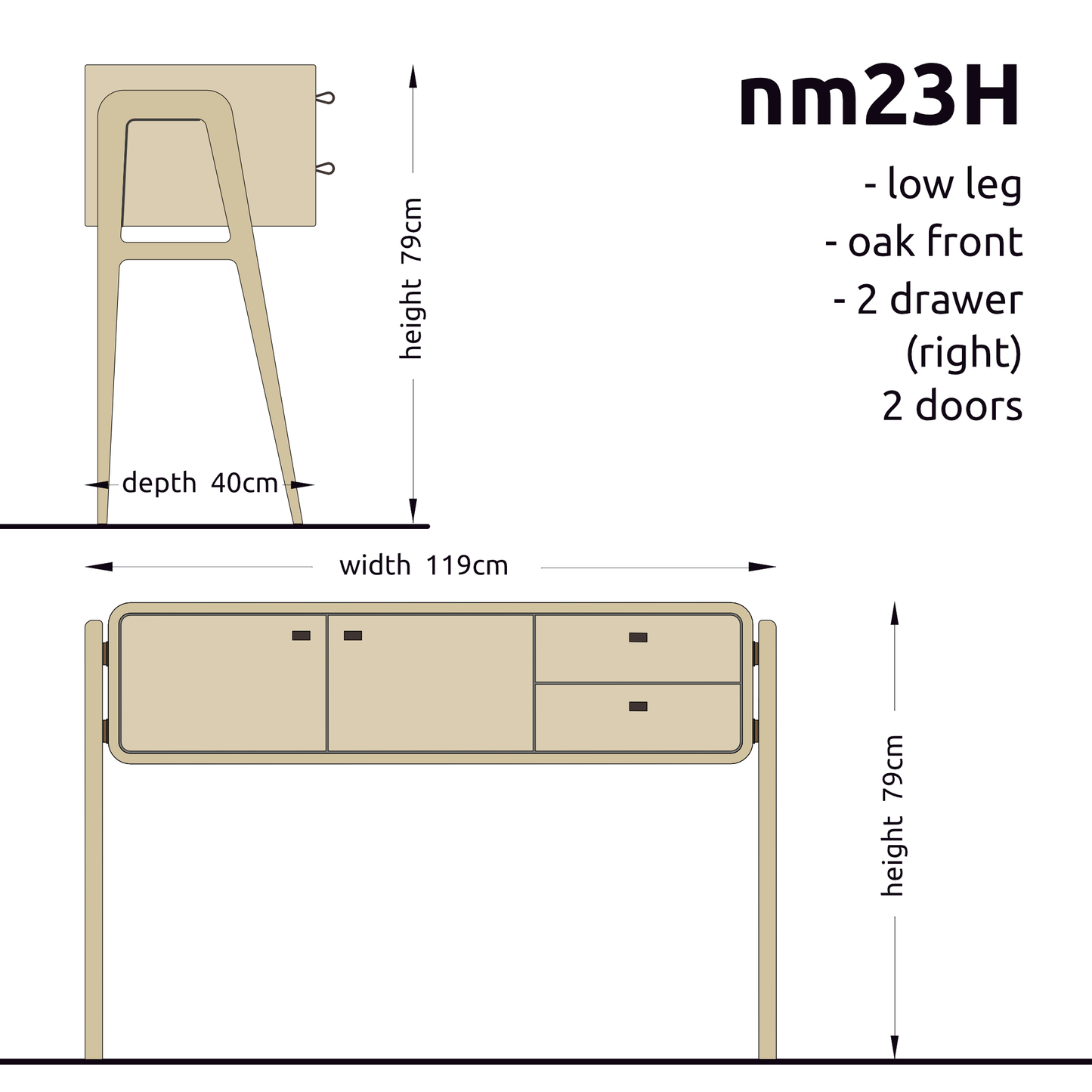 High sideboard nm23H. The main corpus is crafted from solid Norwegian oak, featuring 2 doors and 2 right drawers, all with natural oak fronts.