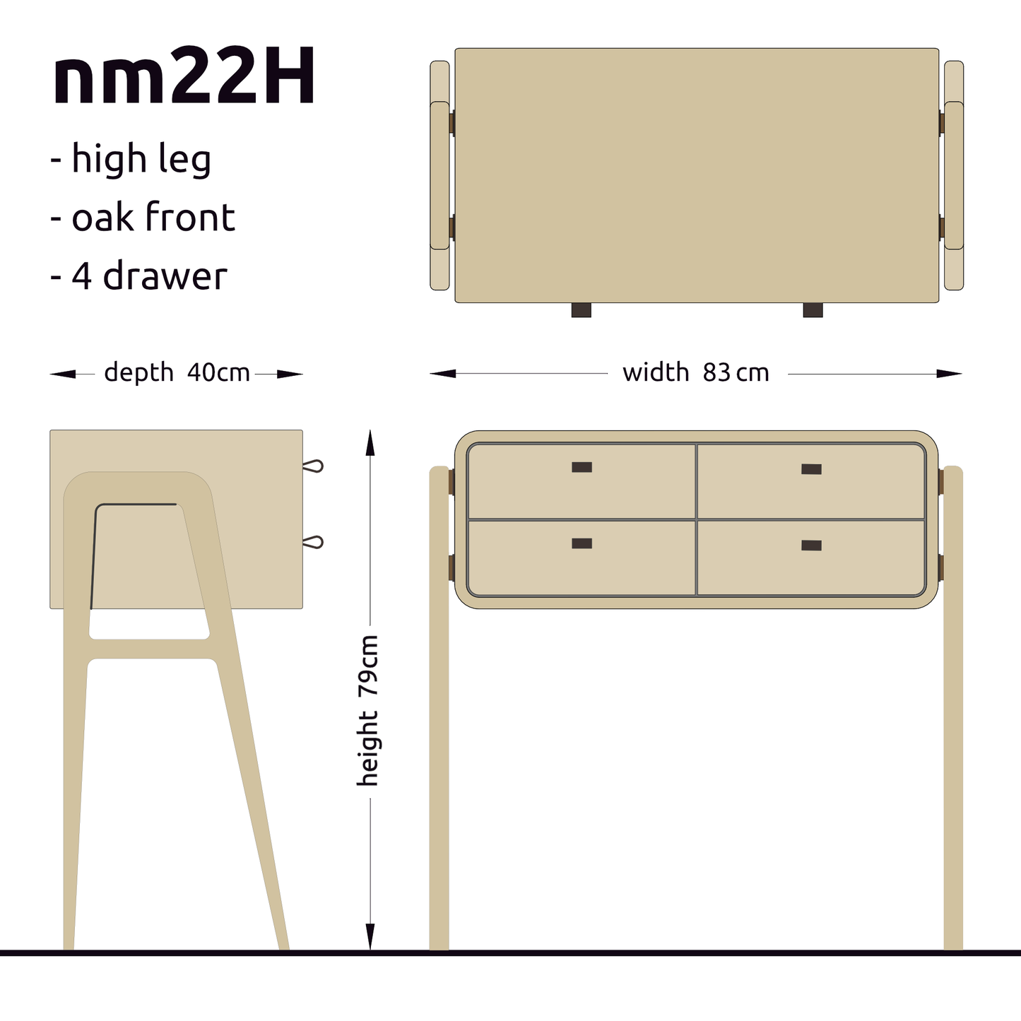 High sideboard nm22H. The main corpus is crafted from solid Norwegian oak, featuring 4 drawers with natural oak fronts.