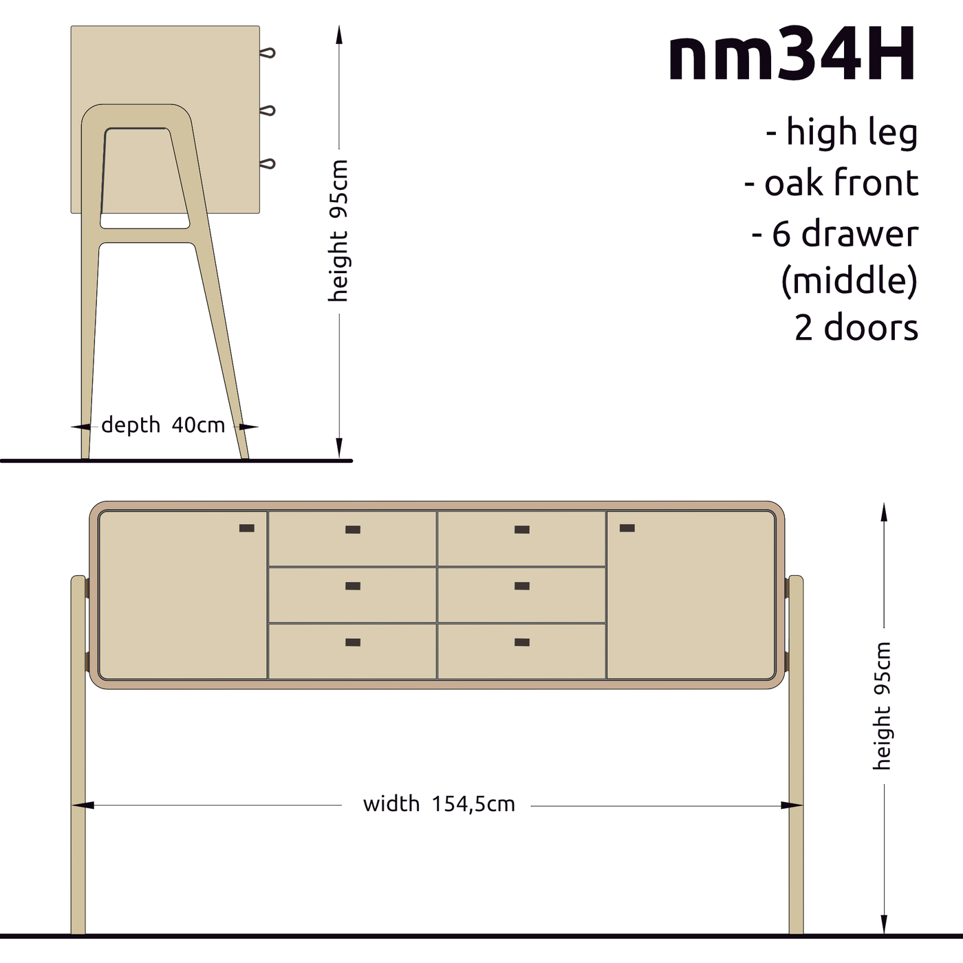 High sideboard nm23H. The main corpus is crafted from solid Norwegian oak, featuring 2 doors and 6 drawers in the middle, all with natural oak fronts.