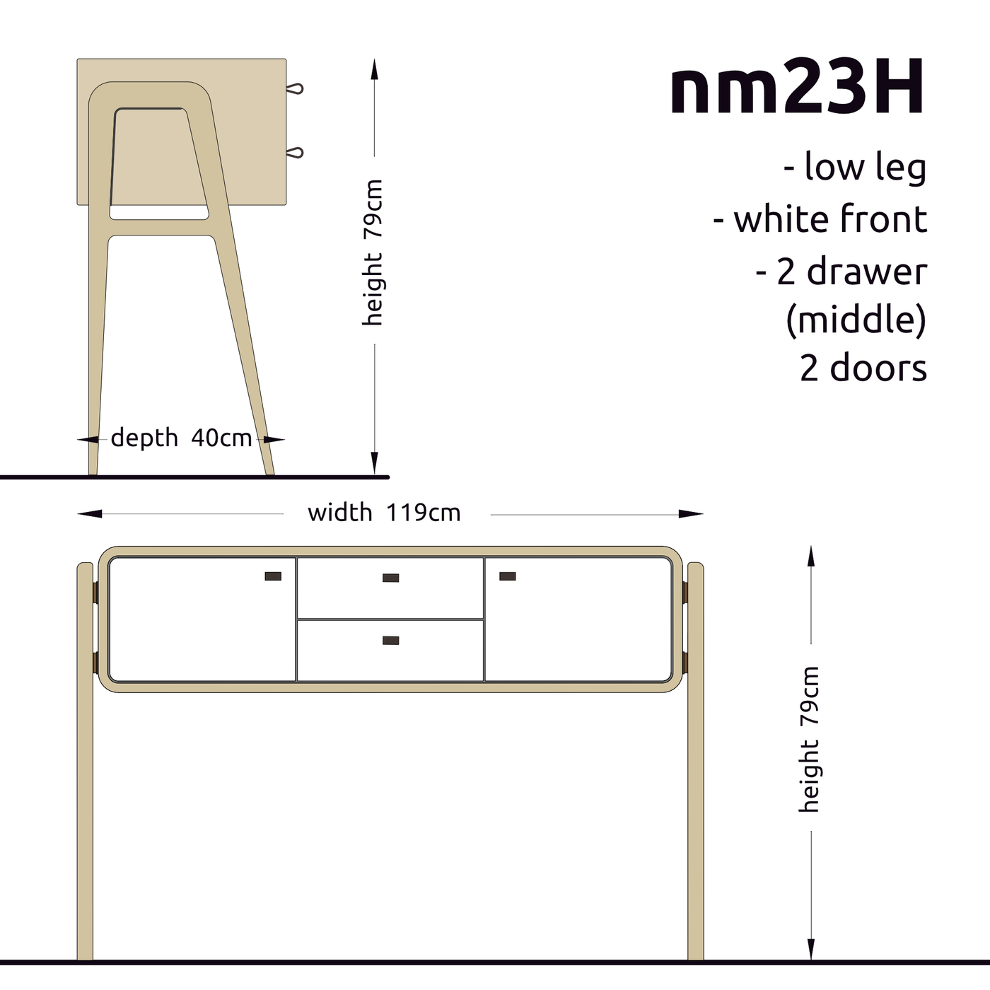 High sideboard nm23H. The main corpus is crafted from solid Norwegian oak, featuring 2 doors and 2 drawers in the middle, all with white fronts.