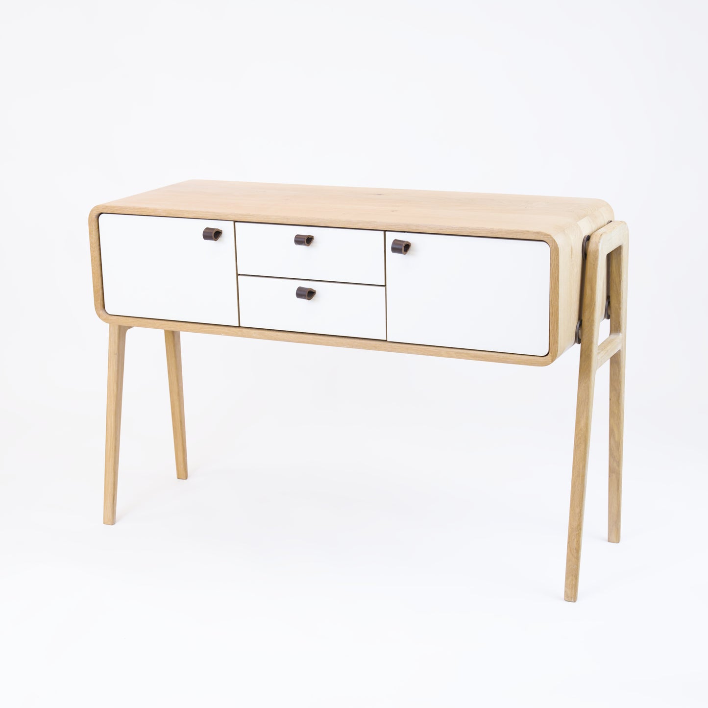 High sideboard nm23H. The main corpus is crafted from solid Norwegian oak, featuring 2 doors and 2 drawers in the middle, all with white fronts.