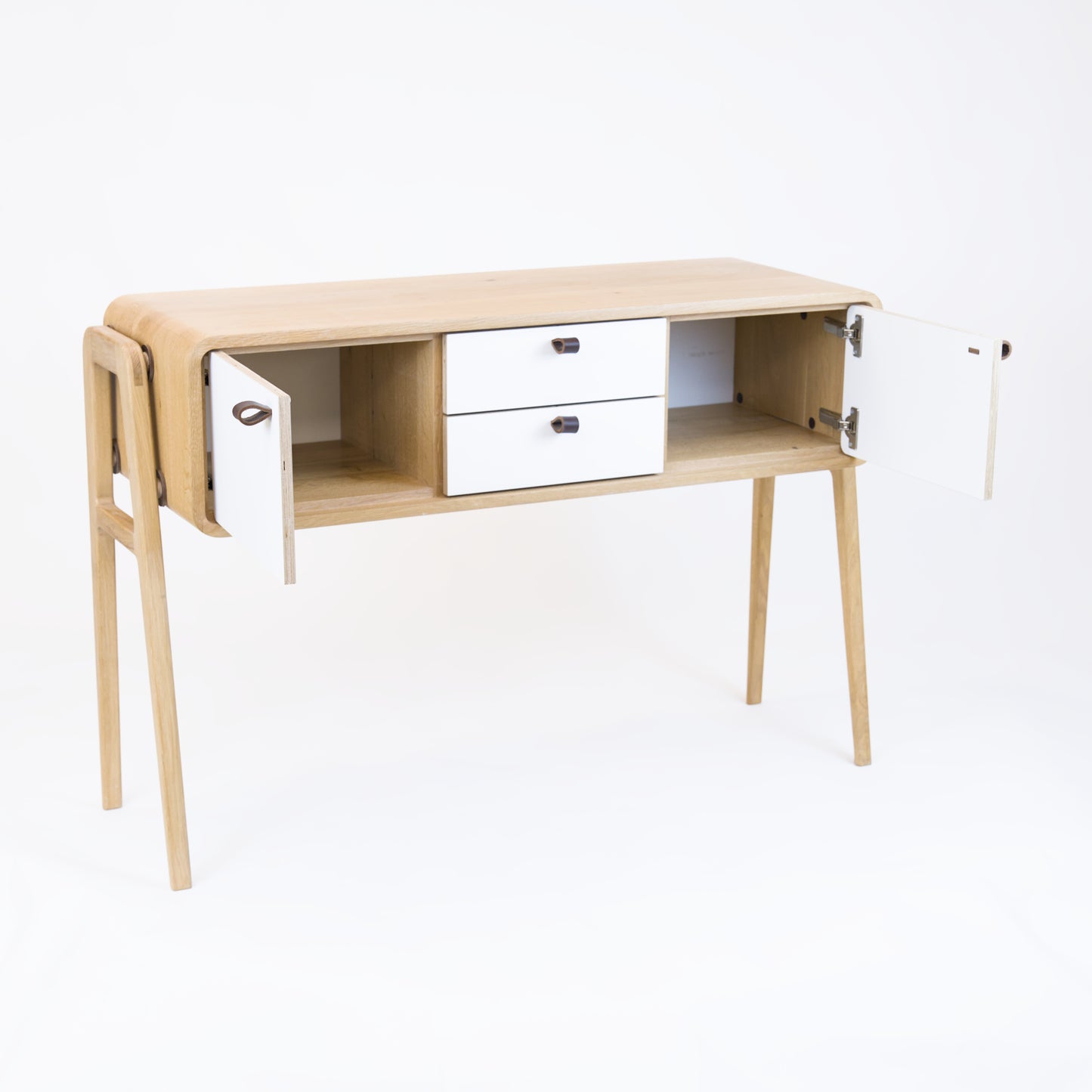 High sideboard nm23H. The main corpus is crafted from solid Norwegian oak, featuring 2 doors and 2 drawers in the middle, all with white fronts.