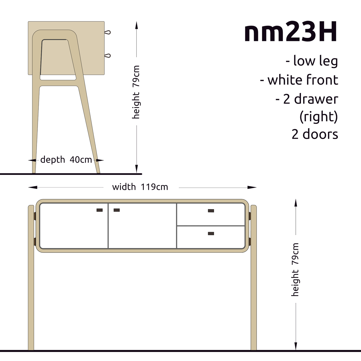 High sideboard nm23H. The main corpus is crafted from solid Norwegian oak, featuring 2 doors and 2 right drawers, all with white fronts.
