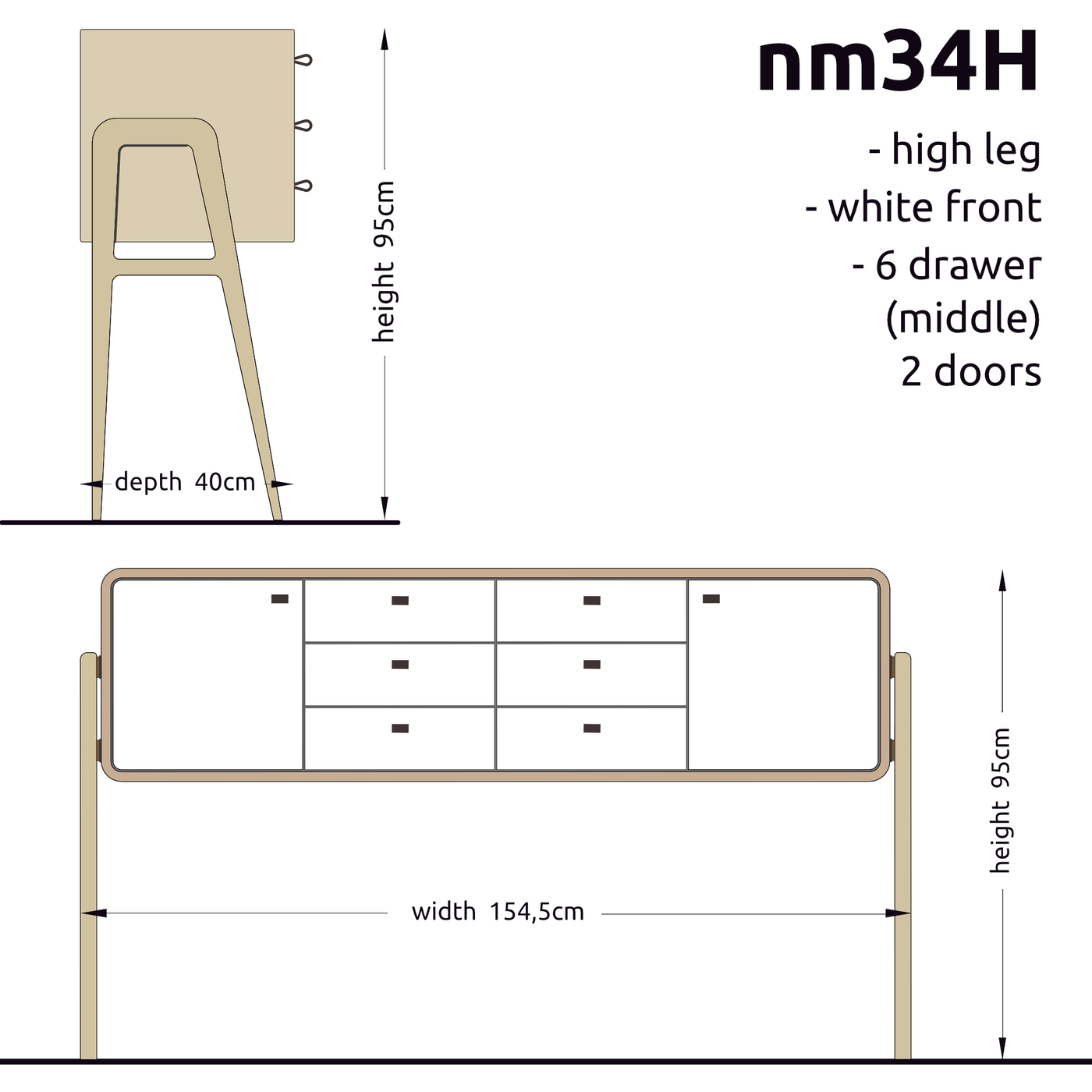 High sideboard nm34H. The main corpus is crafted from solid Norwegian oak, featuring 2 doors and 6 drawers in the middle, all with white fronts.