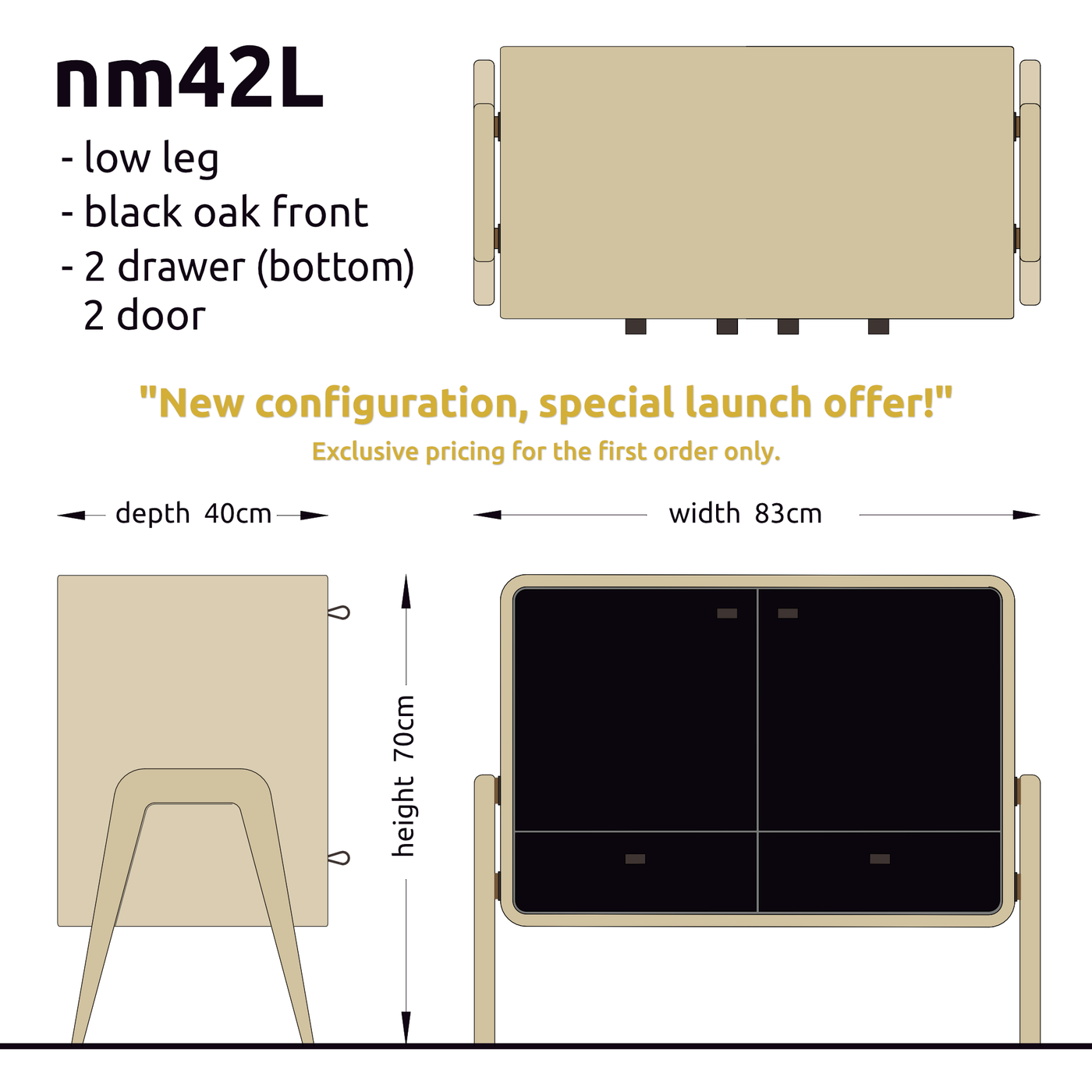Low sideboard nm42L. The main corpus is crafted from solid Norwegian oak, featuring 2 drawers at the bottom and 2 doors, all with black oak fronts.