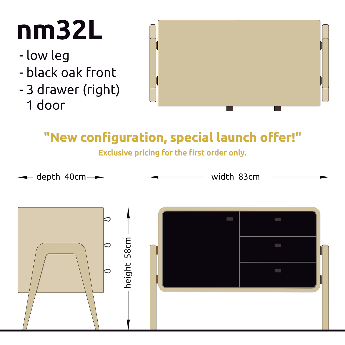 Low sideboard nm32L. The main corpus is crafted from solid Norwegian oak, featuring 3 drawers and 1 door, all with black oak fronts.
