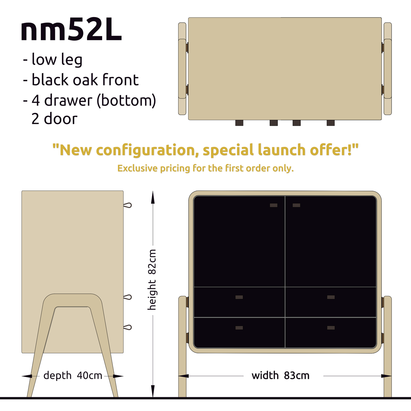 Low sideboard nm52L. The main corpus is crafted from solid Norwegian oak, featuring 4 drawers at the bottom and 2 doors, all with black oak fronts.