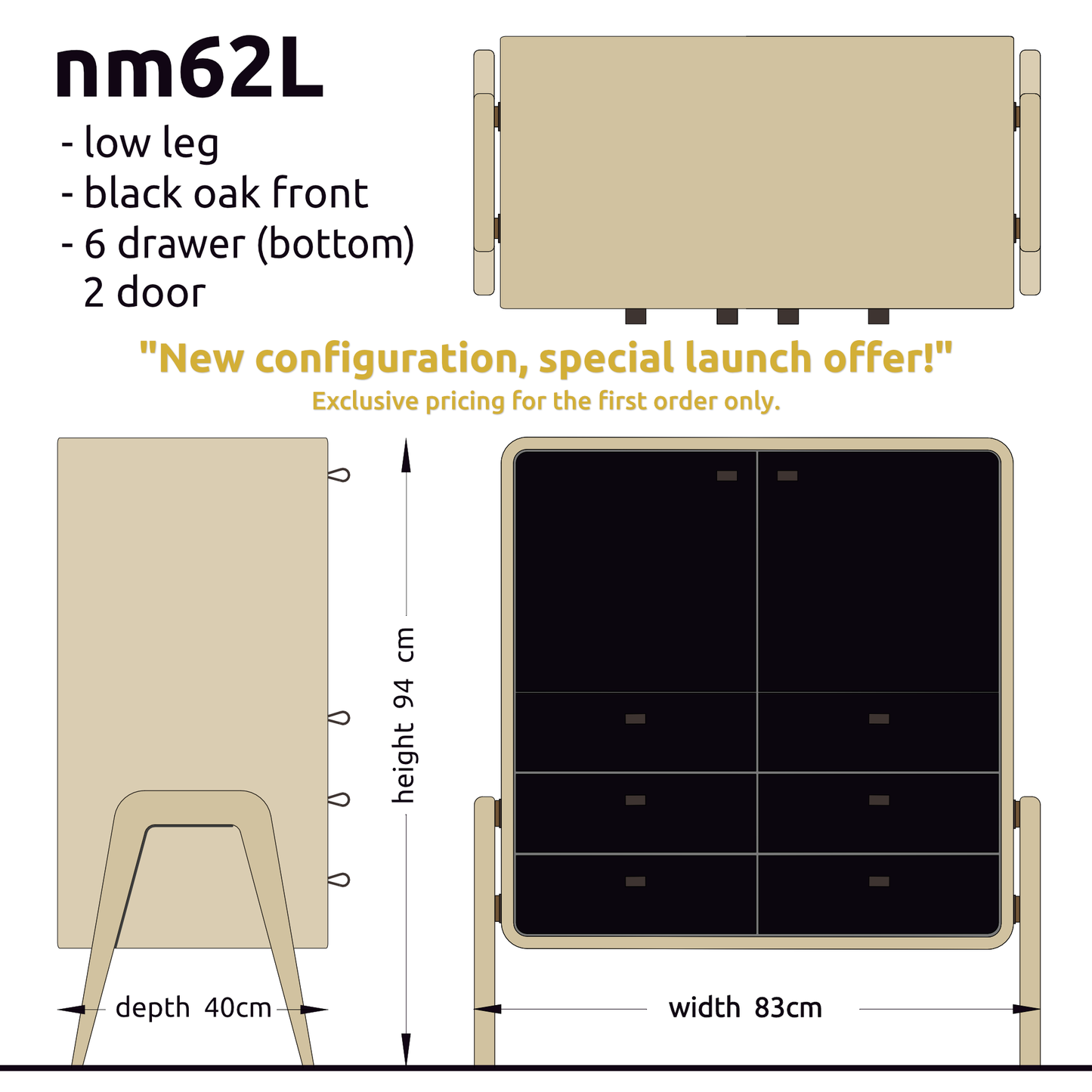 Low sideboard nm62L. The main corpus is crafted from solid Norwegian oak, featuring 6 drawers at the bottom and 2 doors, all with black oak fronts.