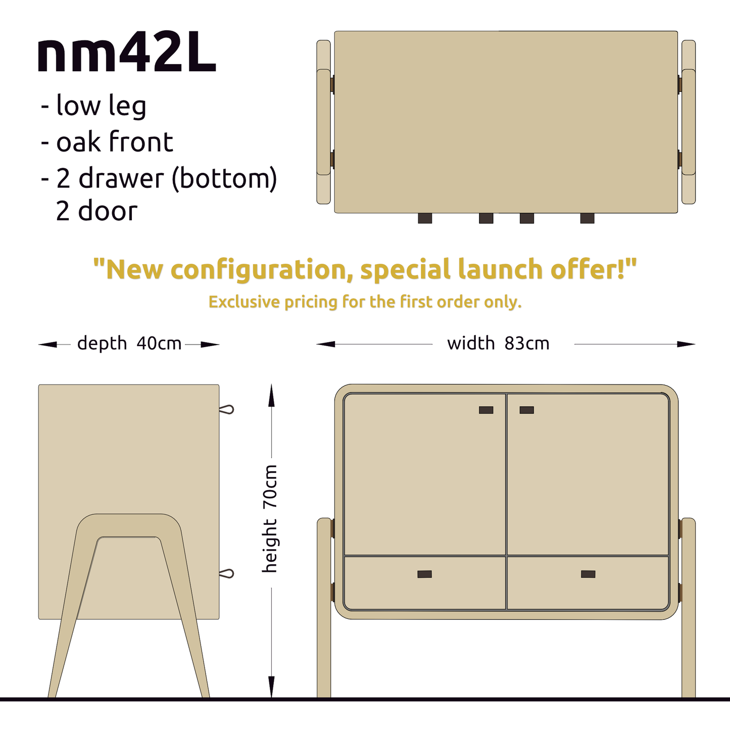 Low sideboard nm42L. The main corpus is crafted from solid Norwegian oak, featuring 2 drawers at the bottom and 2 doors, all with natural oak fronts.