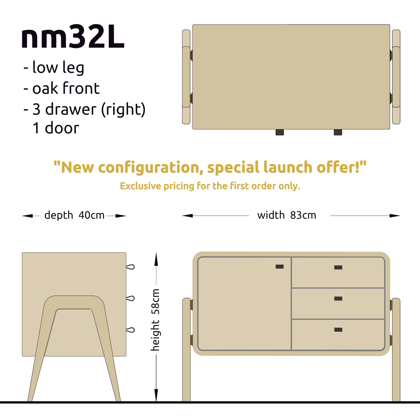 Low sideboard nm32L. The main corpus is crafted from solid Norwegian oak, featuring 3 drawers and 1 door, all with natural oak fronts.