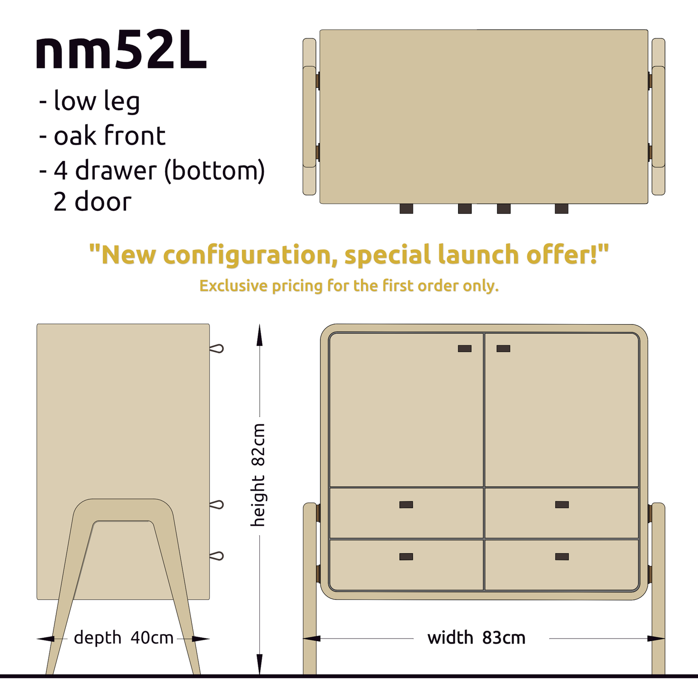 Low sideboard nm52L. The main corpus is crafted from solid Norwegian oak, featuring 4 drawers at the bottom and 2 doors, all with natural oak fronts.