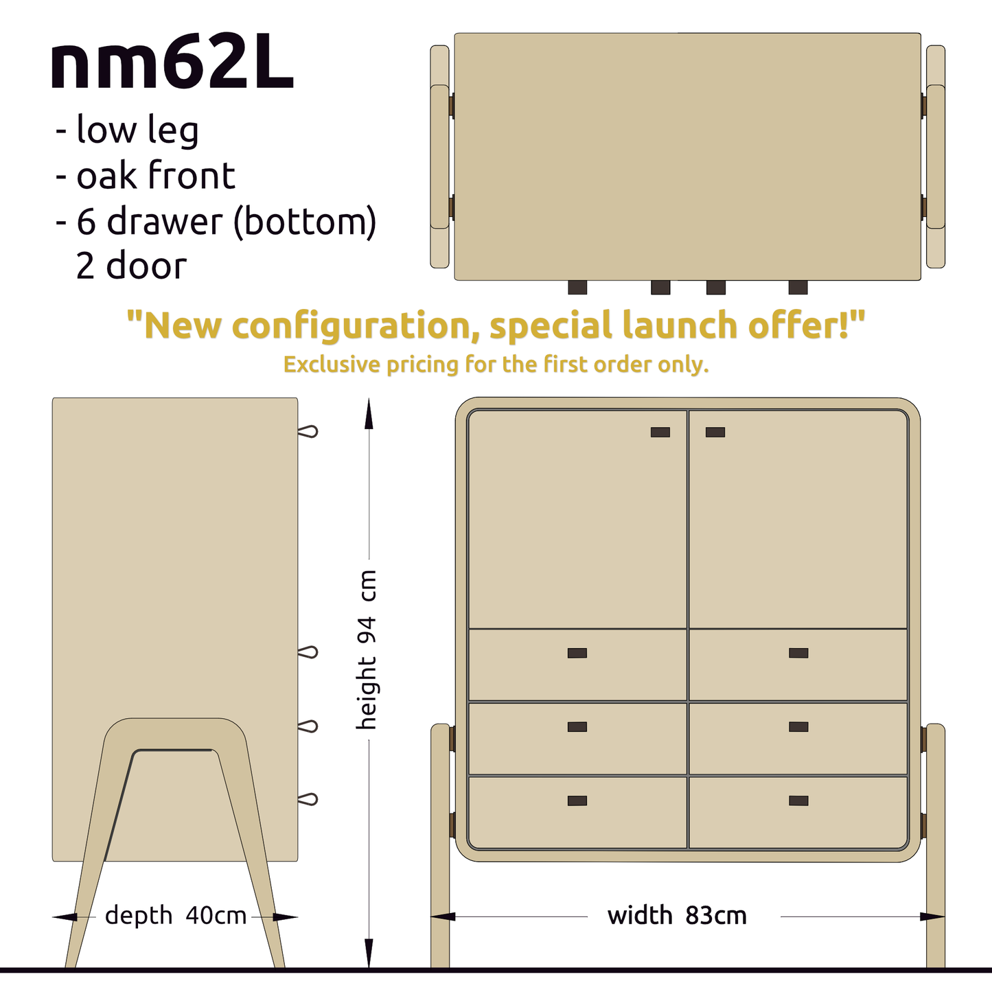 Low sideboard nm62L. The main corpus is crafted from solid Norwegian oak, featuring 6 drawers at the bottom and 2 doors, all with natural oak fronts.