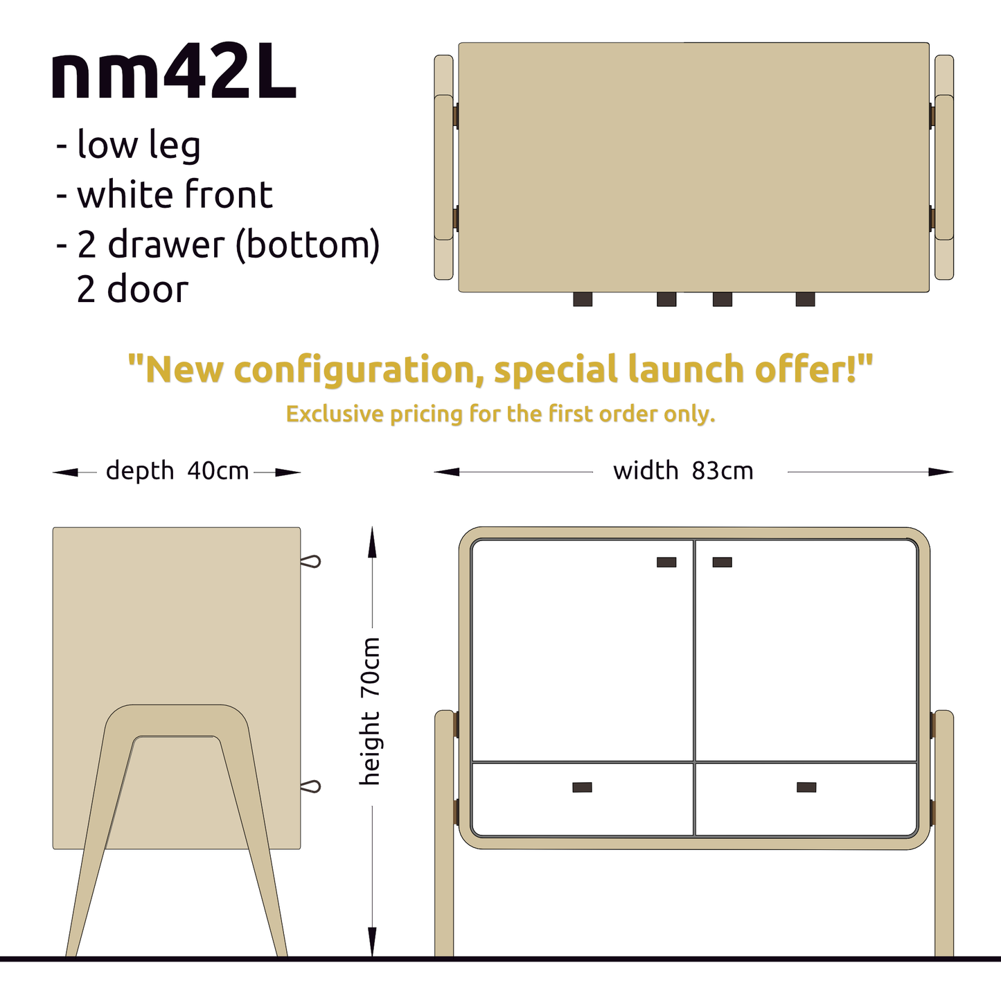 Low sideboard nm42L. The main corpus is crafted from solid Norwegian oak, featuring 2 drawers at the bottom and 2 doors, all with white fronts.