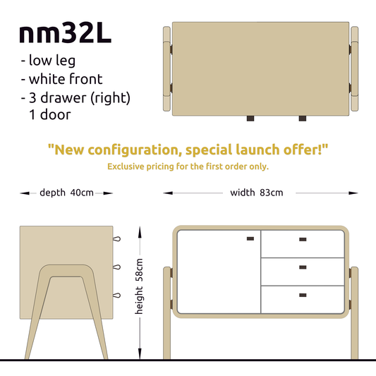 Low sideboard nm32L. The main corpus is crafted from solid Norwegian oak, featuring 3 drawers and 1 door, all with white fronts.