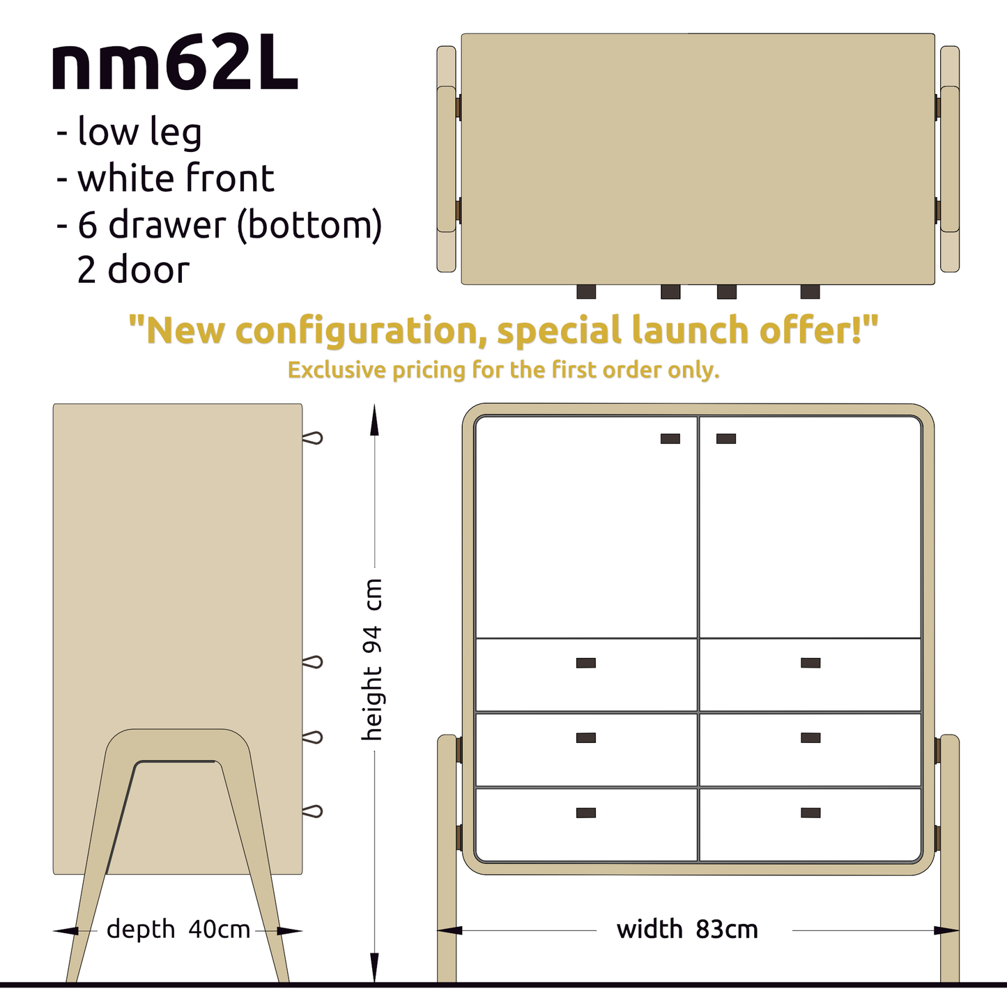 Low sideboard nm62L. The main corpus is crafted from solid Norwegian oak, featuring 6 drawers at the bottom and 2 doors, all with white fronts.