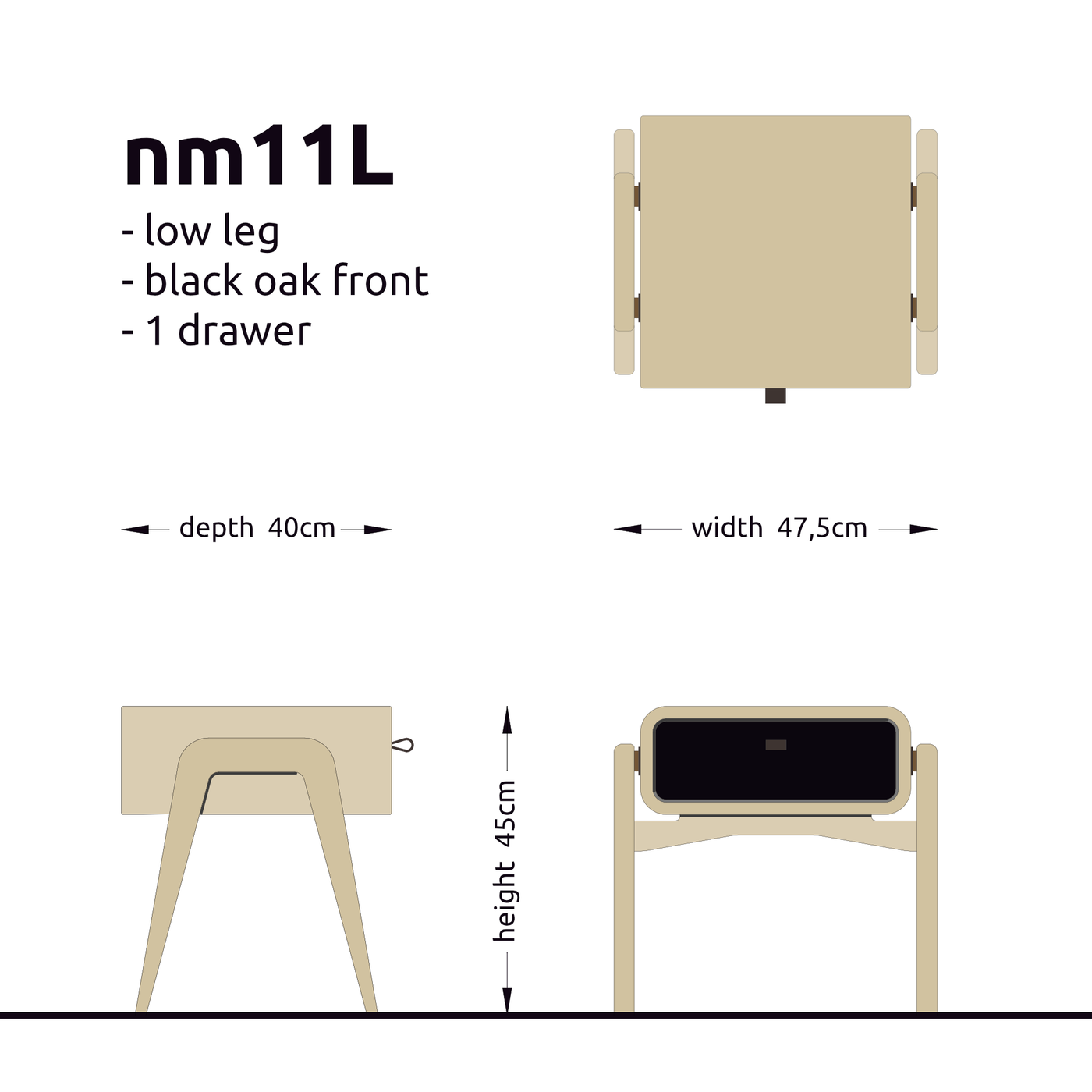 Low desk and storage bench nm11L. The main corpus is crafted from solid Norwegian oak, featuring 1 drawer with black oak front.