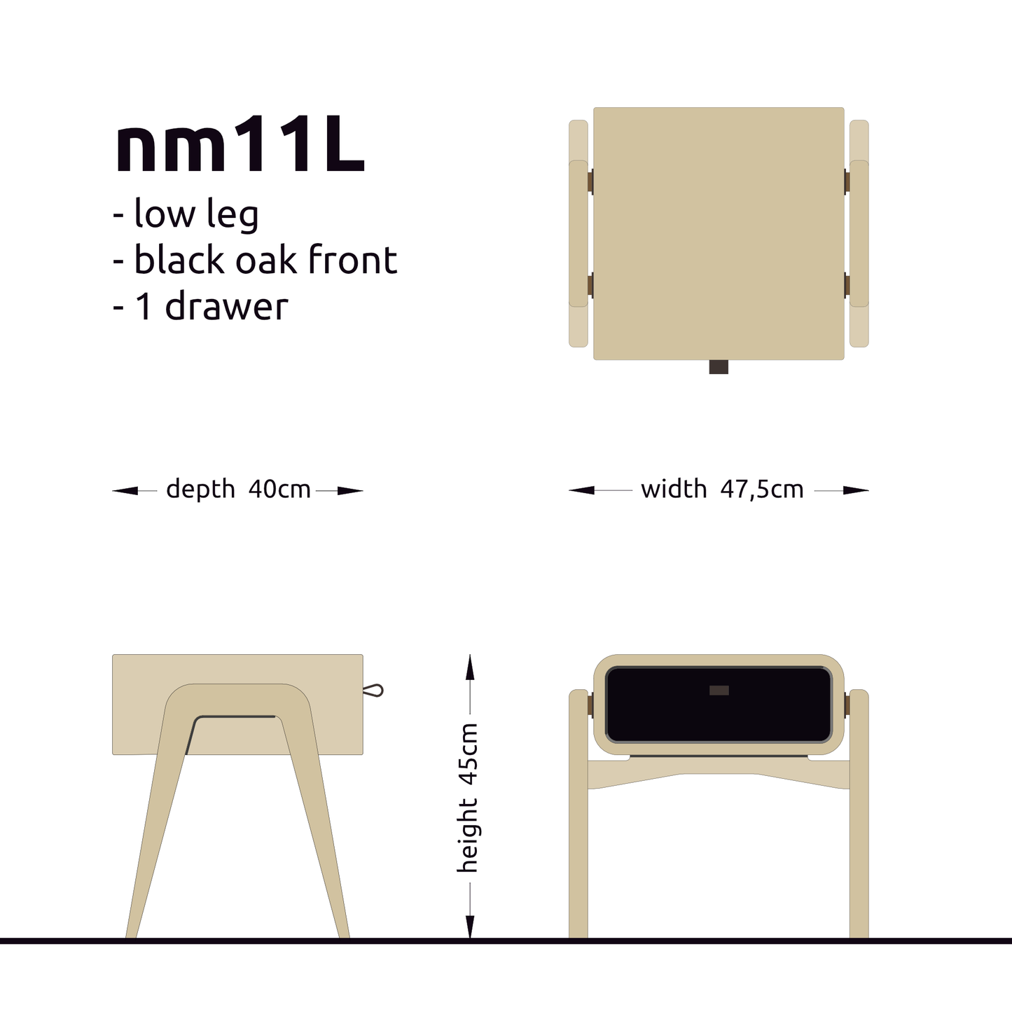 Low desk and storage bench nm11L. The main corpus is crafted from solid Norwegian oak, featuring 1 drawer with black oak front.