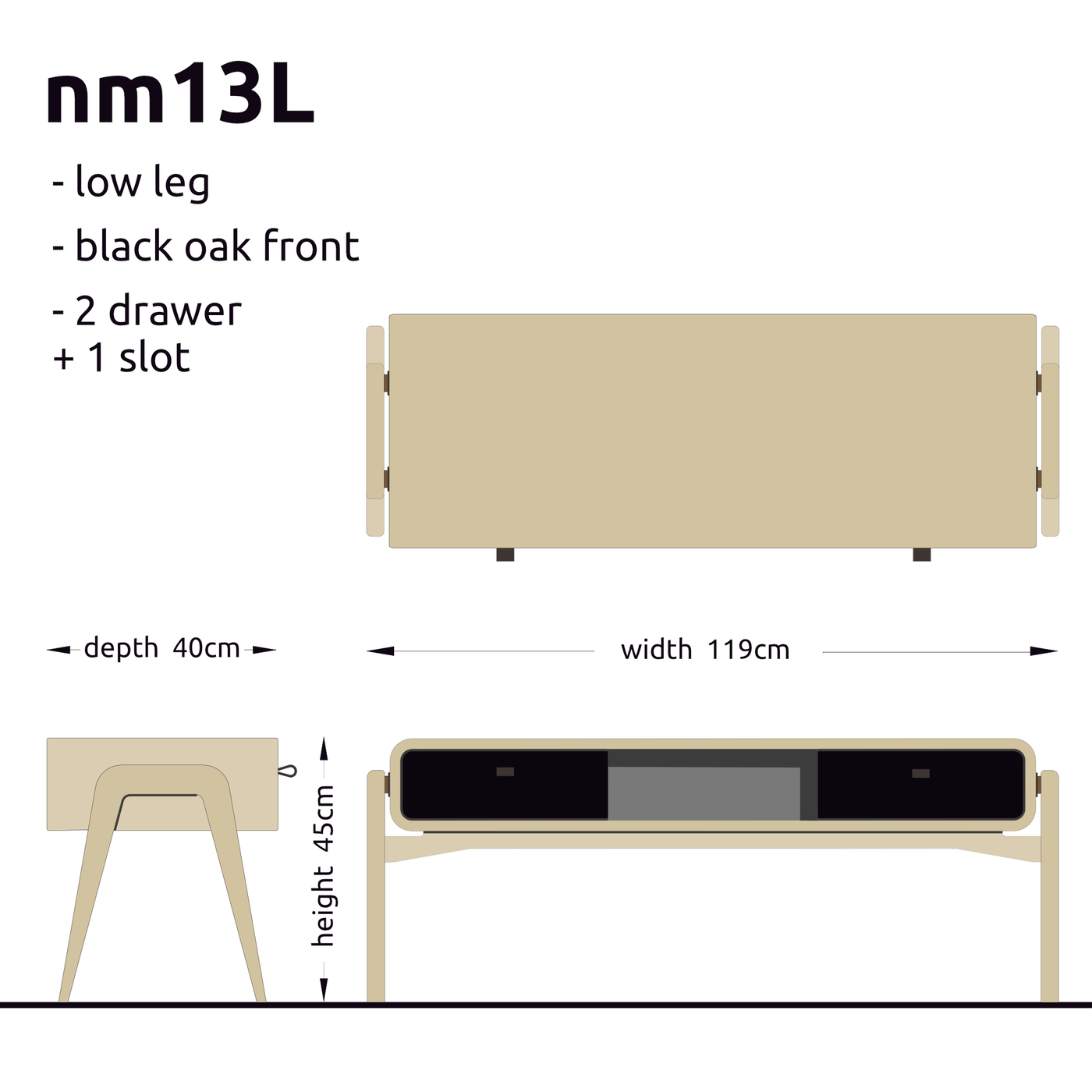 Low desk and storage bench nm13L. The main corpus is crafted from solid Norwegian oak, featuring 2 drawers with black oak fronts and 1 slot.