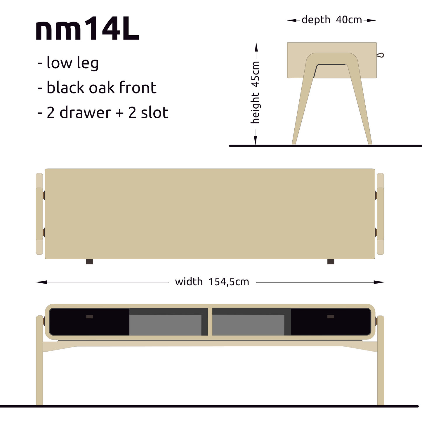 Low desk and storage bench nm14L. The main corpus is crafted from solid Norwegian oak, featuring 2 drawers with black oak fronts and 2 slots.