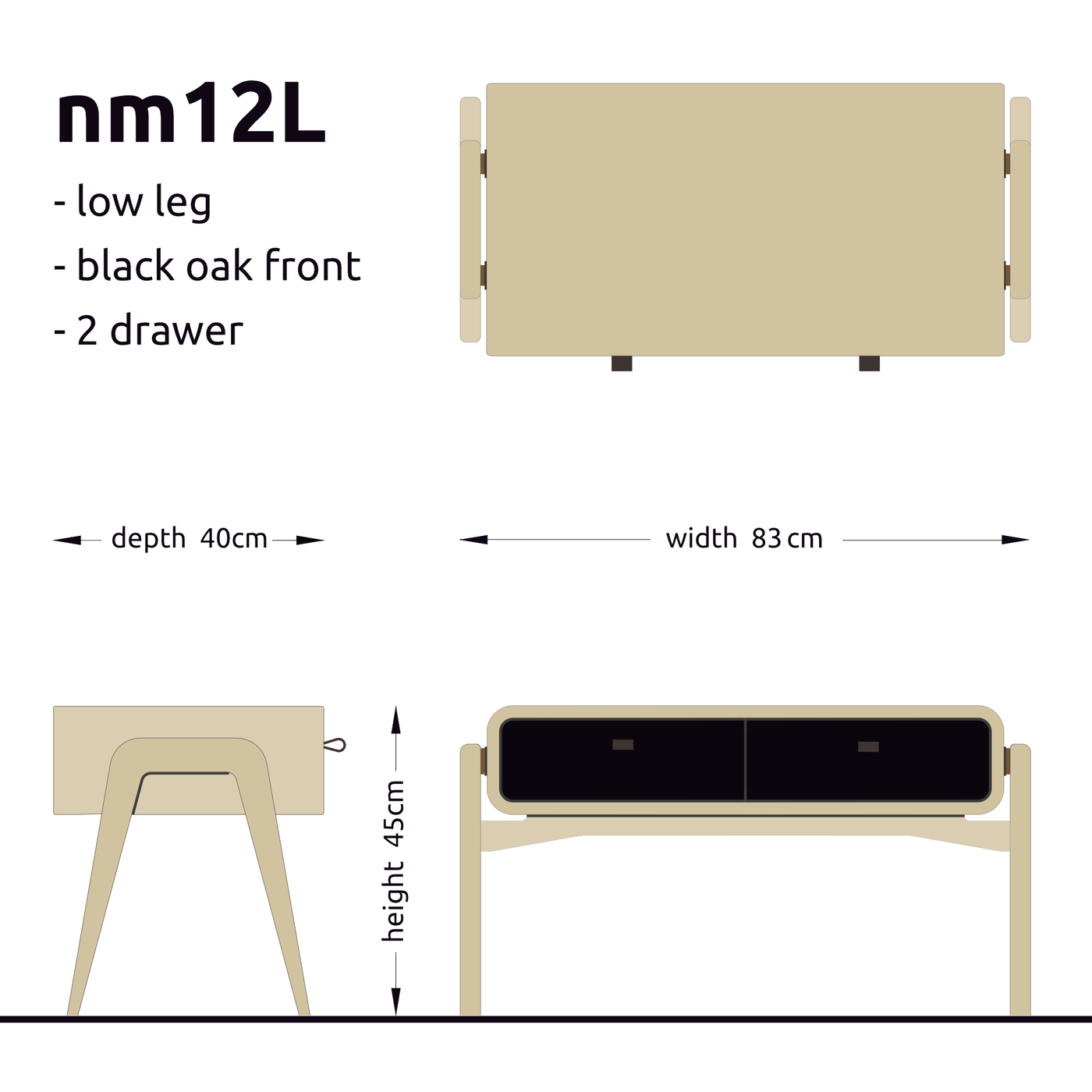Low desk and storage bench nm12L. The main corpus is crafted from solid Norwegian oak, featuring 2 drawers with black oak fronts.