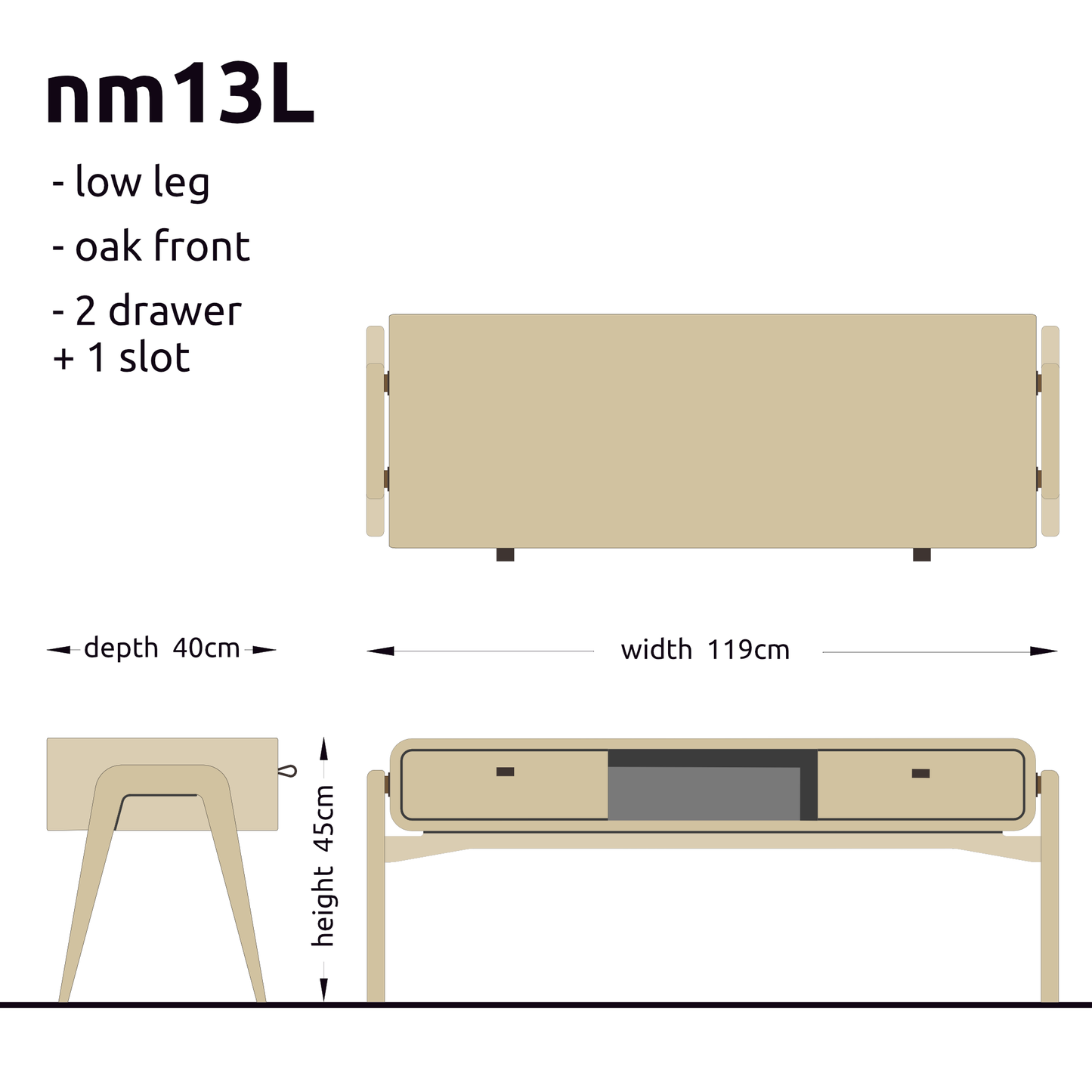 Low desk and storage bench nm13L. The main corpus is crafted from solid Norwegian oak, featuring 2 drawers with natural oak fronts and 1 slot.