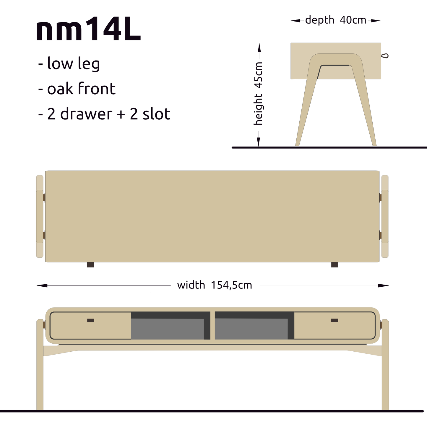 Low desk and storage bench nm14L. The main corpus is crafted from solid Norwegian oak, featuring 2 drawers with natural oak fronts and 2 slots.
