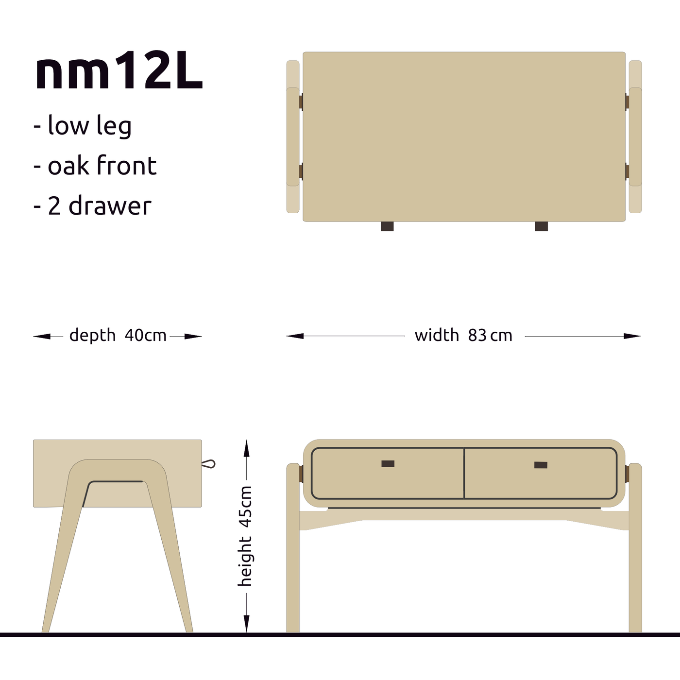 Low desk and storage bench nm12L. The main corpus is crafted from solid Norwegian oak, featuring 2 drawers with natural oak fronts.