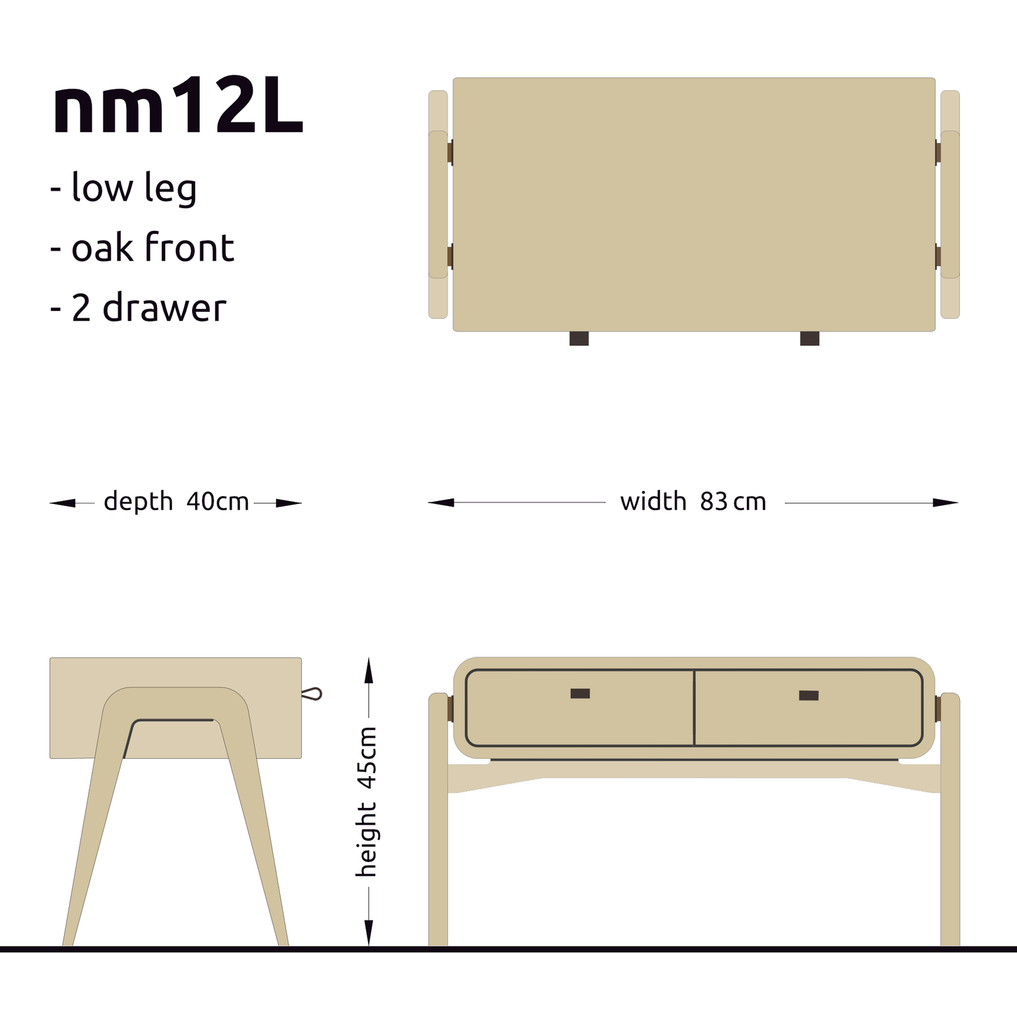 Low desk and storage bench nm12L. The main corpus is crafted from solid Norwegian oak, featuring 2 drawers with natural oak fronts.
