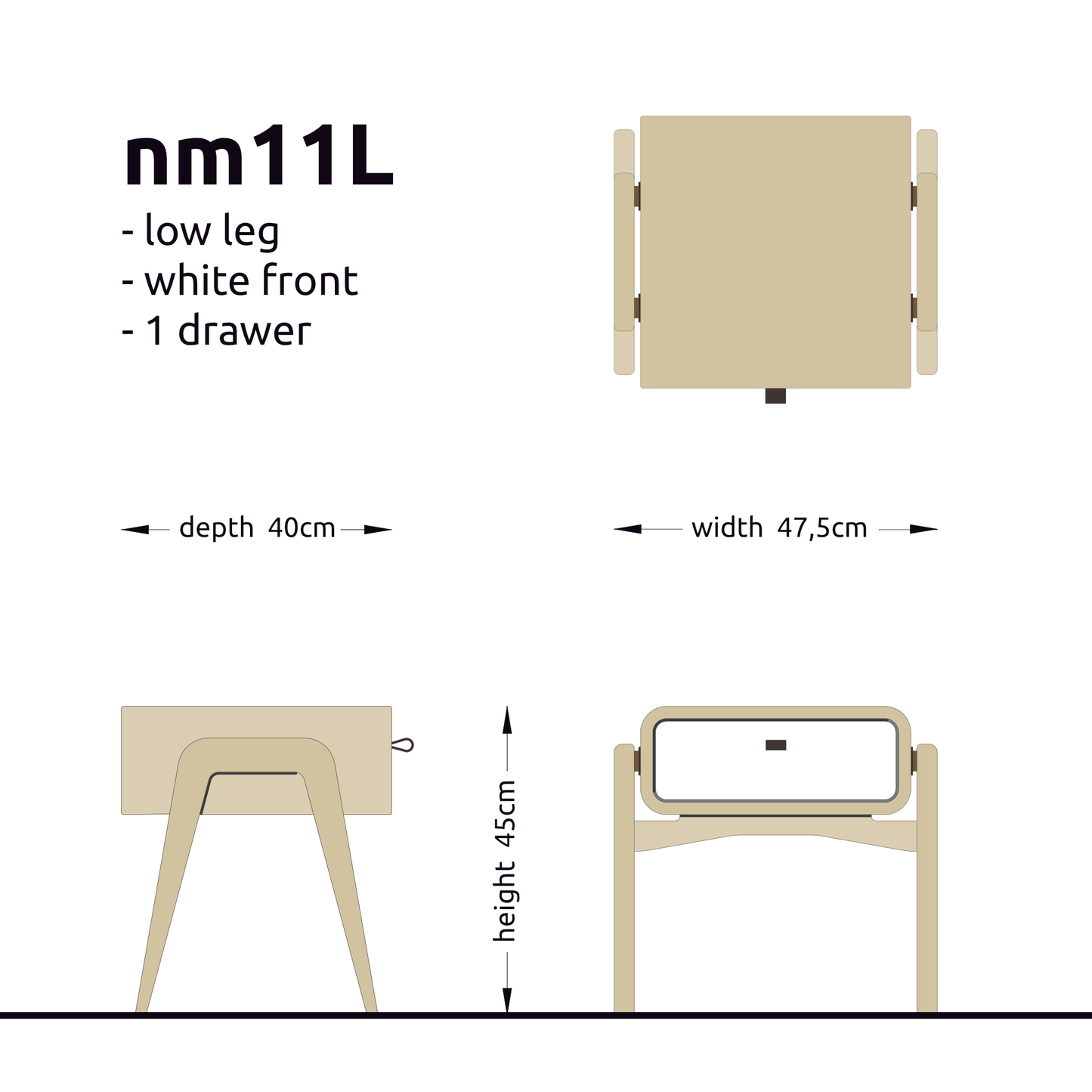 Low desk and storage bench nm11L. The main corpus is crafted from solid Norwegian oak, featuring 1 drawer with white front.