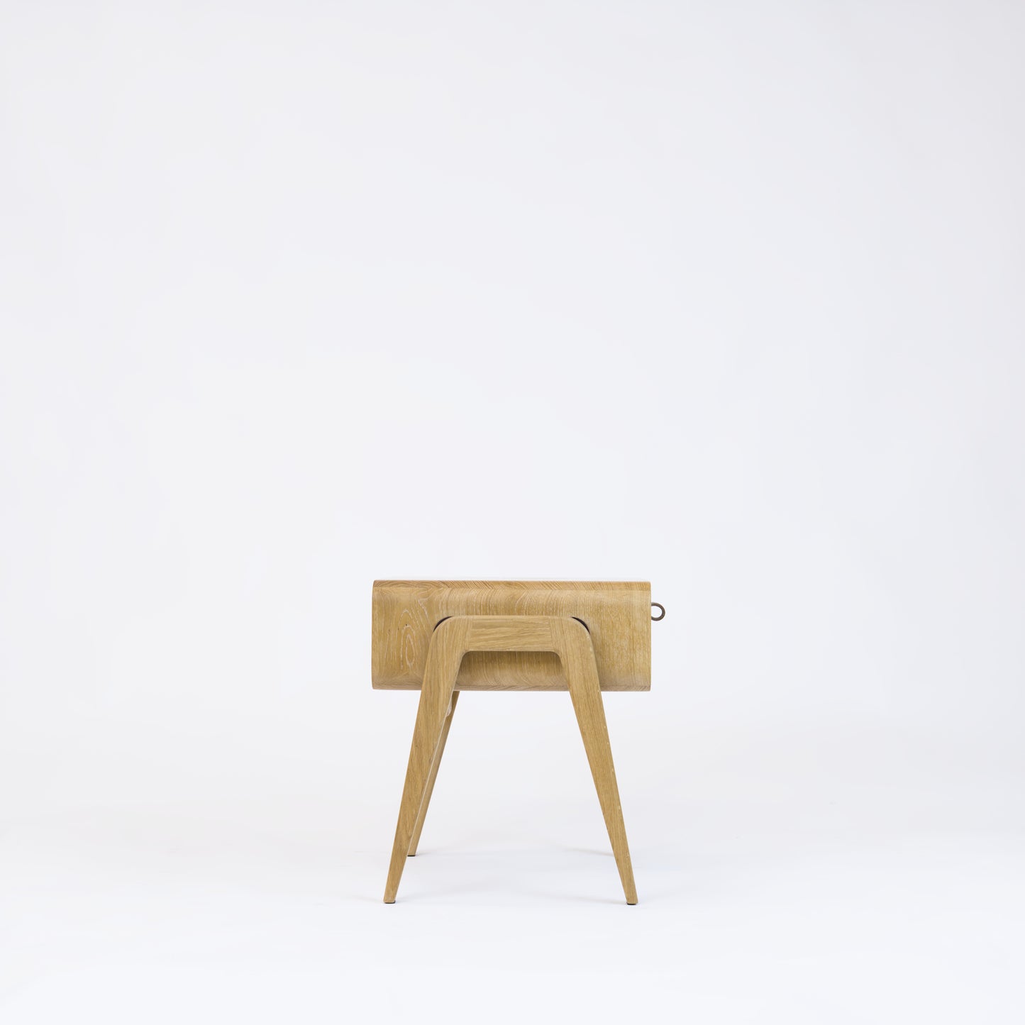 Low desk and storage bench nm11L. The main corpus is crafted from solid Norwegian oak, featuring 1 drawer with white front.