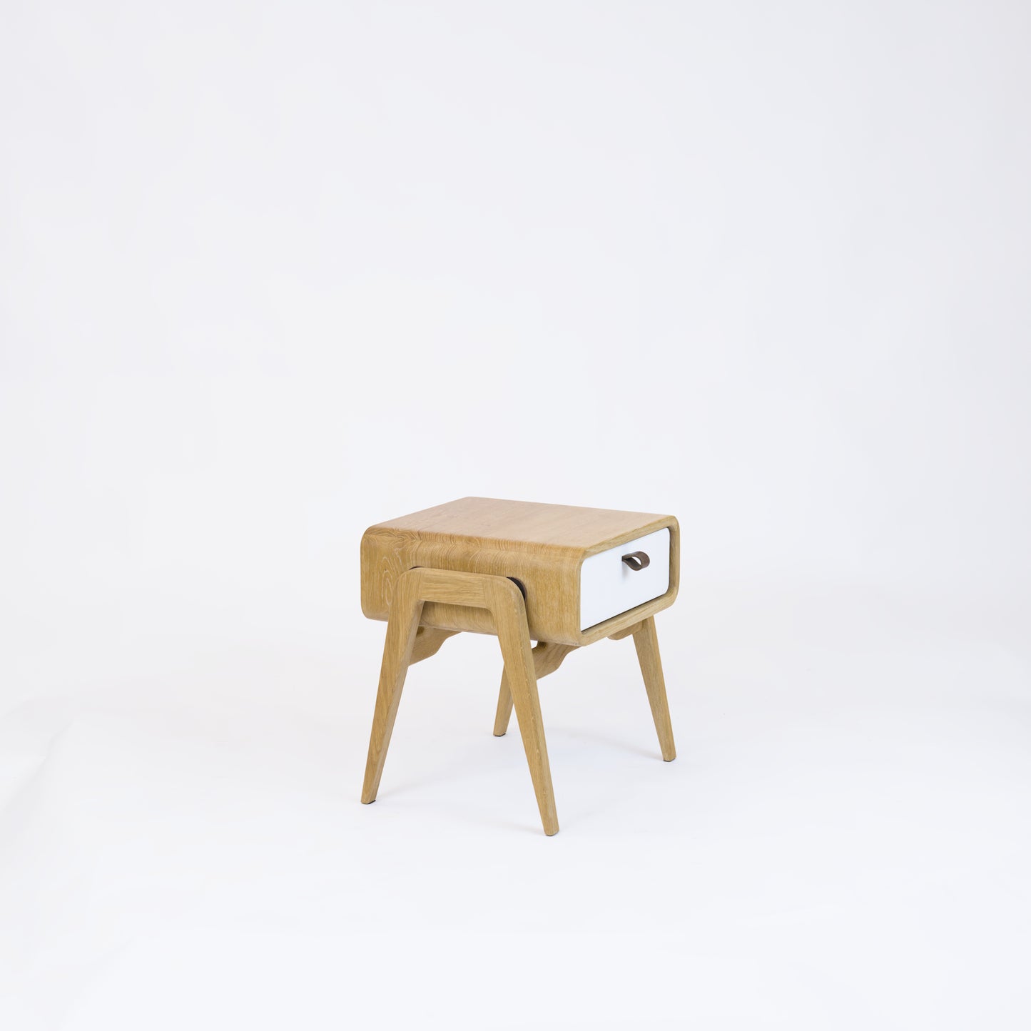 Low desk and storage bench nm11L. The main corpus is crafted from solid Norwegian oak, featuring 1 drawer with white front.
