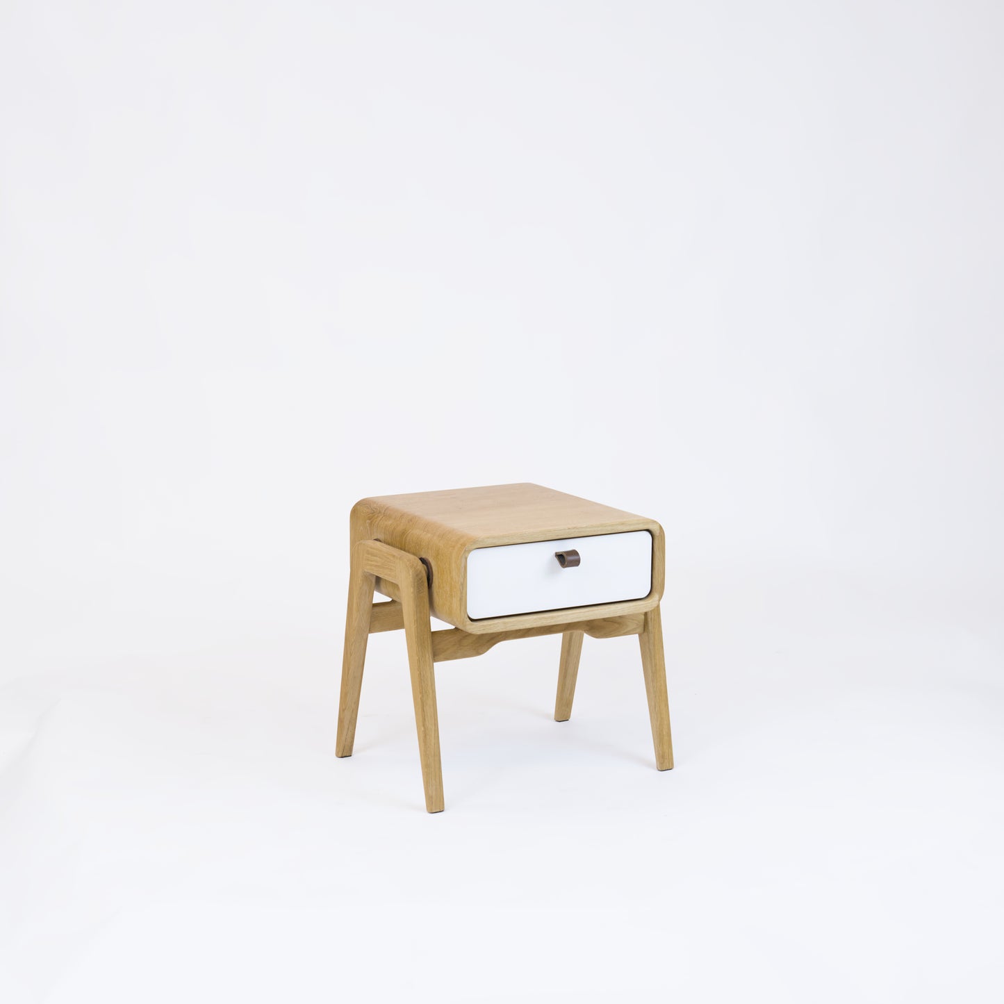 Low desk and storage bench nm11L. The main corpus is crafted from solid Norwegian oak, featuring 1 drawer with white front.