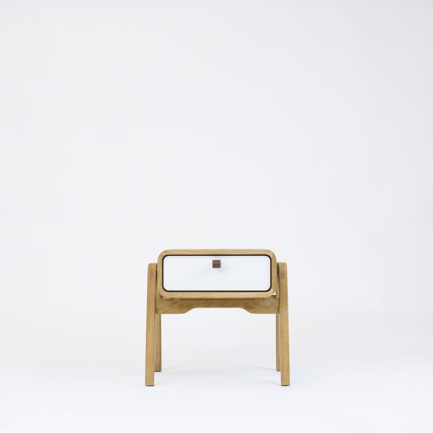 Low desk and storage bench nm11L. The main corpus is crafted from solid Norwegian oak, featuring 1 drawer with white front.