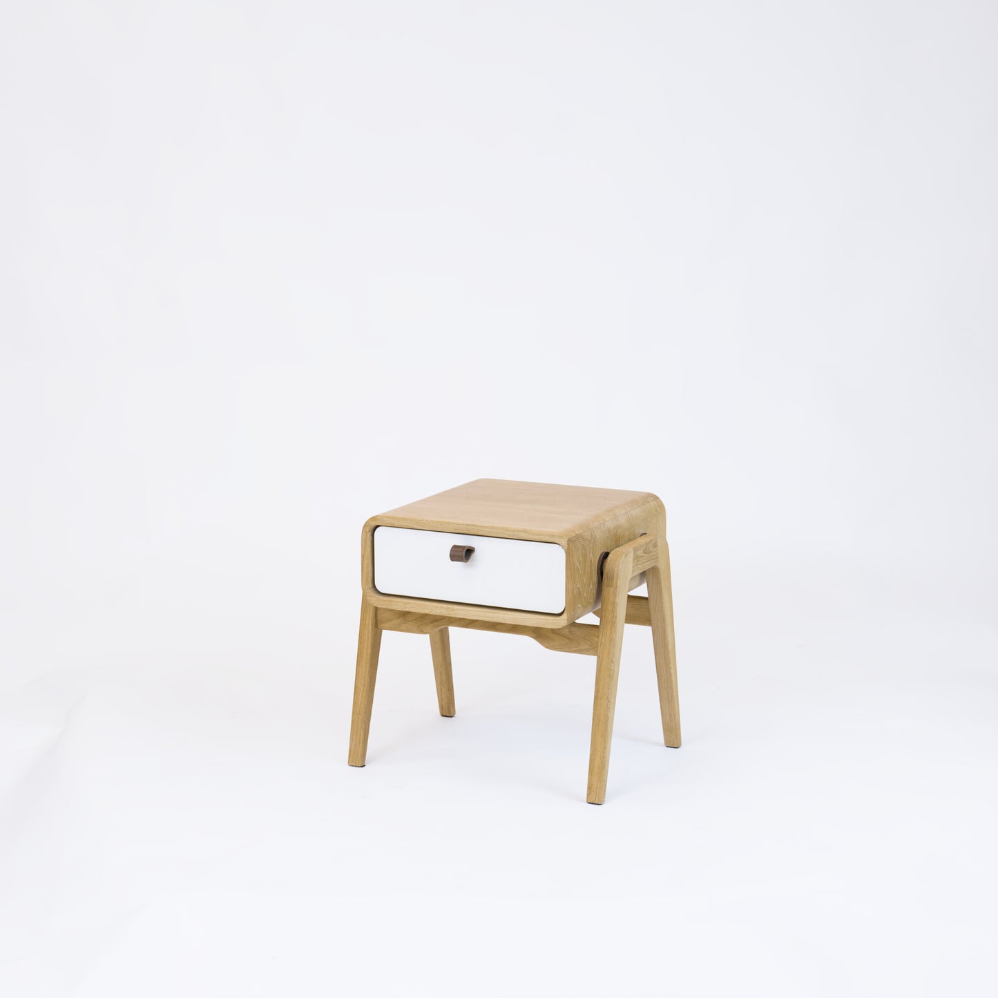 Low desk and storage bench nm11L. The main corpus is crafted from solid Norwegian oak, featuring 1 drawer with white front.