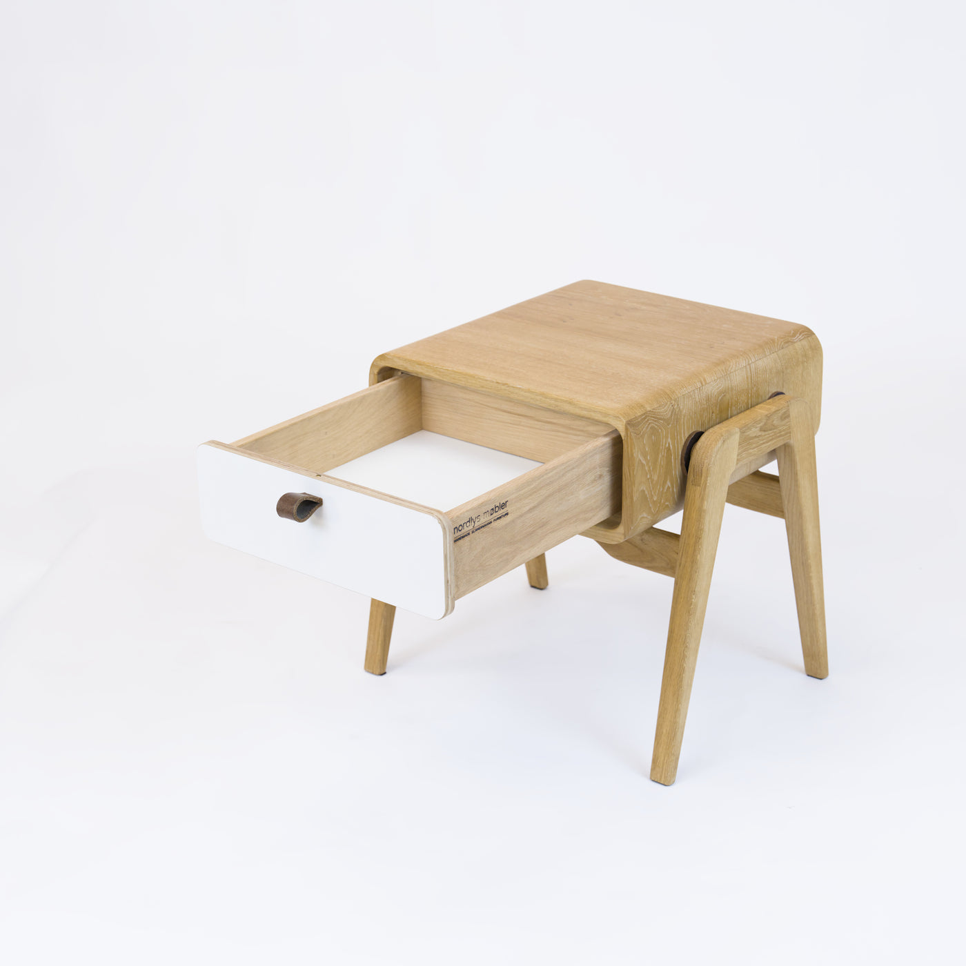Low desk and storage bench nm11L. The main corpus is crafted from solid Norwegian oak, featuring 1 drawer with white front.
