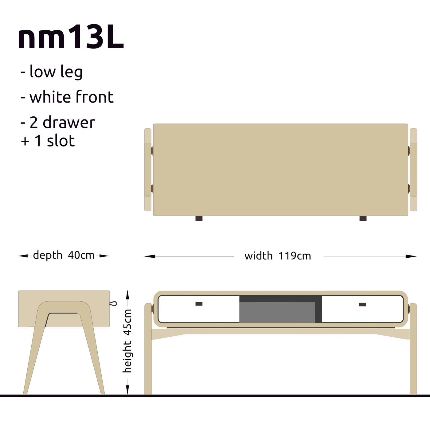 Low desk and storage bench nm13L. The main corpus is crafted from solid Norwegian oak, featuring 2 drawers with white fronts and 1 slot.