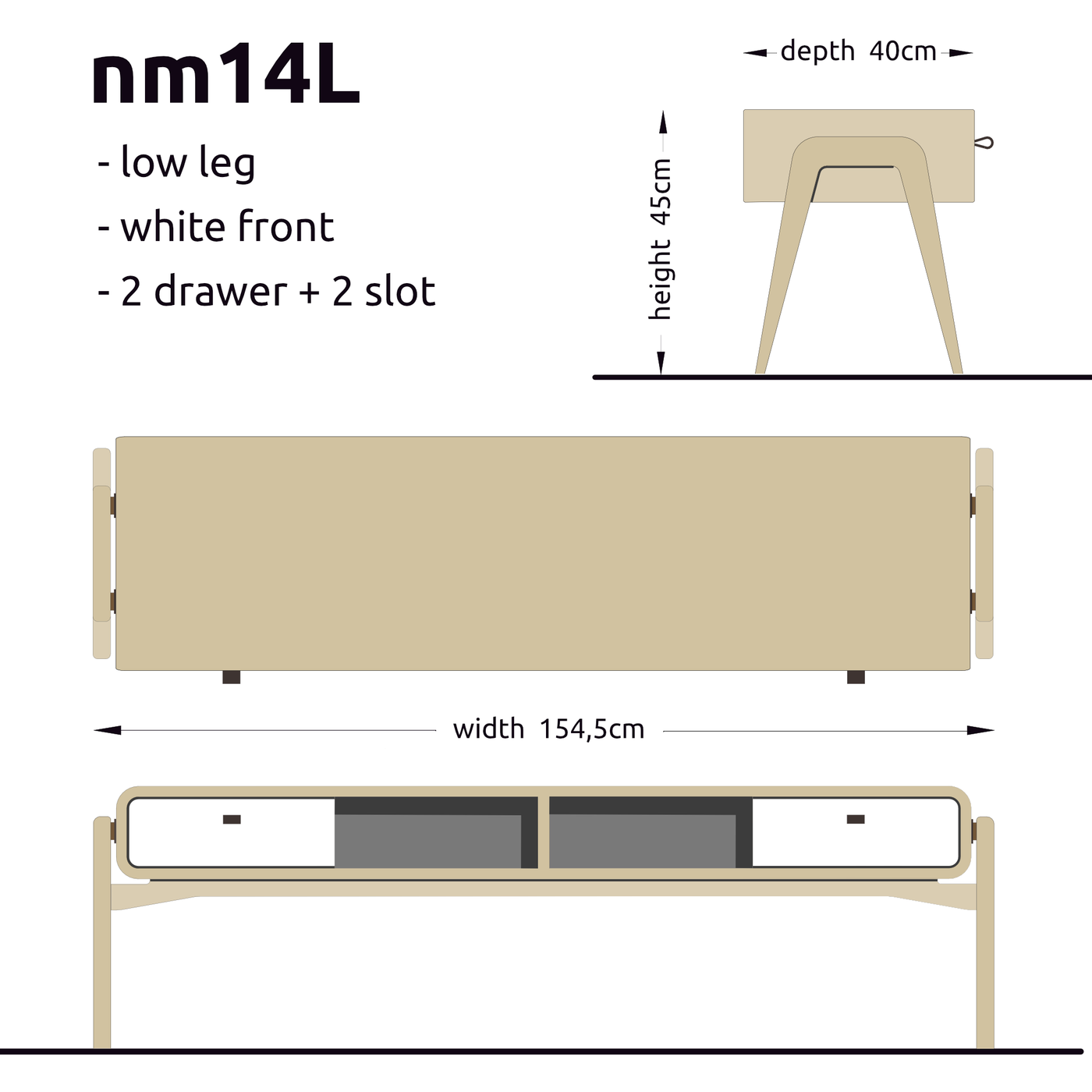 Low desk and storage bench nm14L. The main corpus is crafted from solid Norwegian oak, featuring 2 drawers with white fronts and 2 slots.