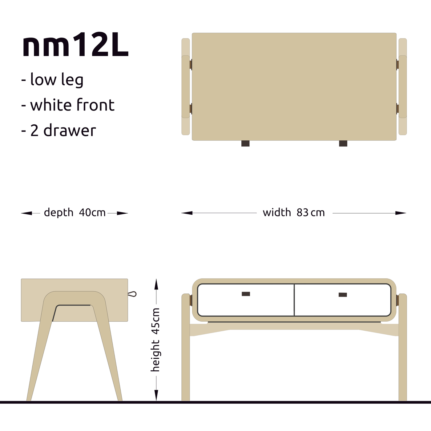 Low desk and storage bench nm12L. The main corpus is crafted from solid Norwegian oak, featuring 2 drawers with white fronts.
