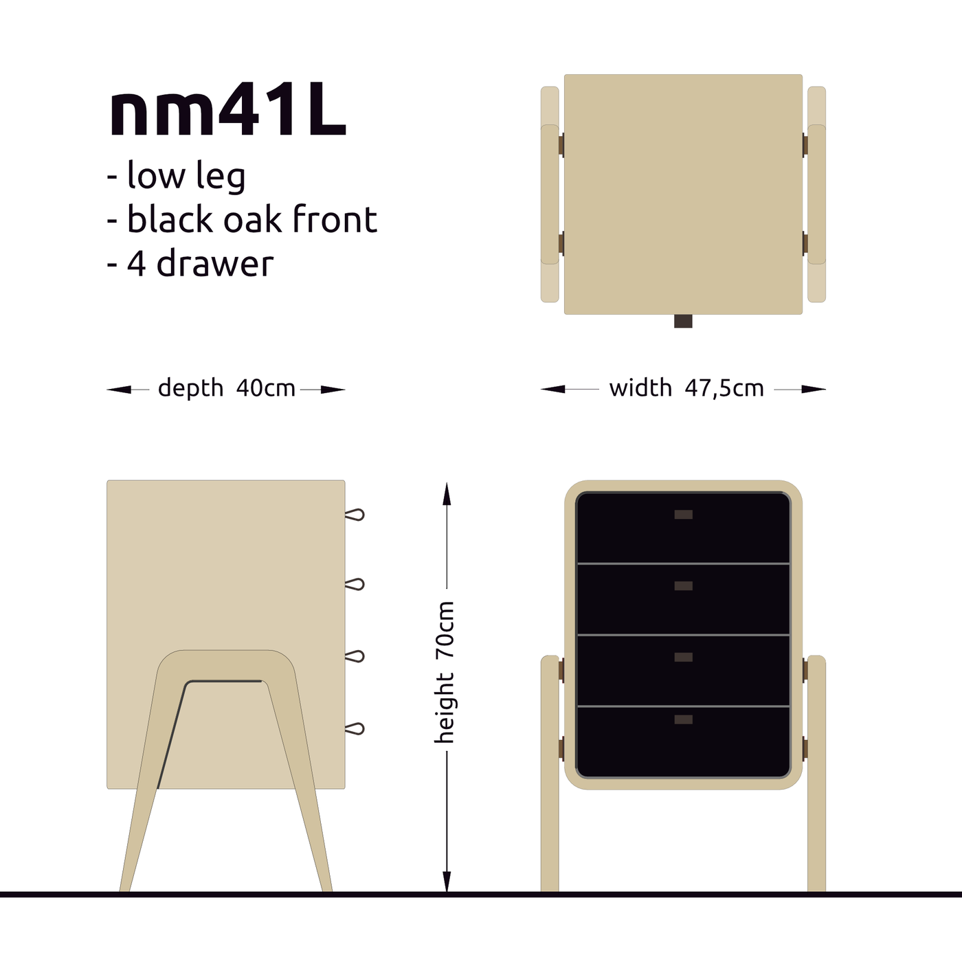 Low drawer unit nm41L. The main corpus is crafted from solid Norwegian oak, featuring 4 drawers with black oak front.