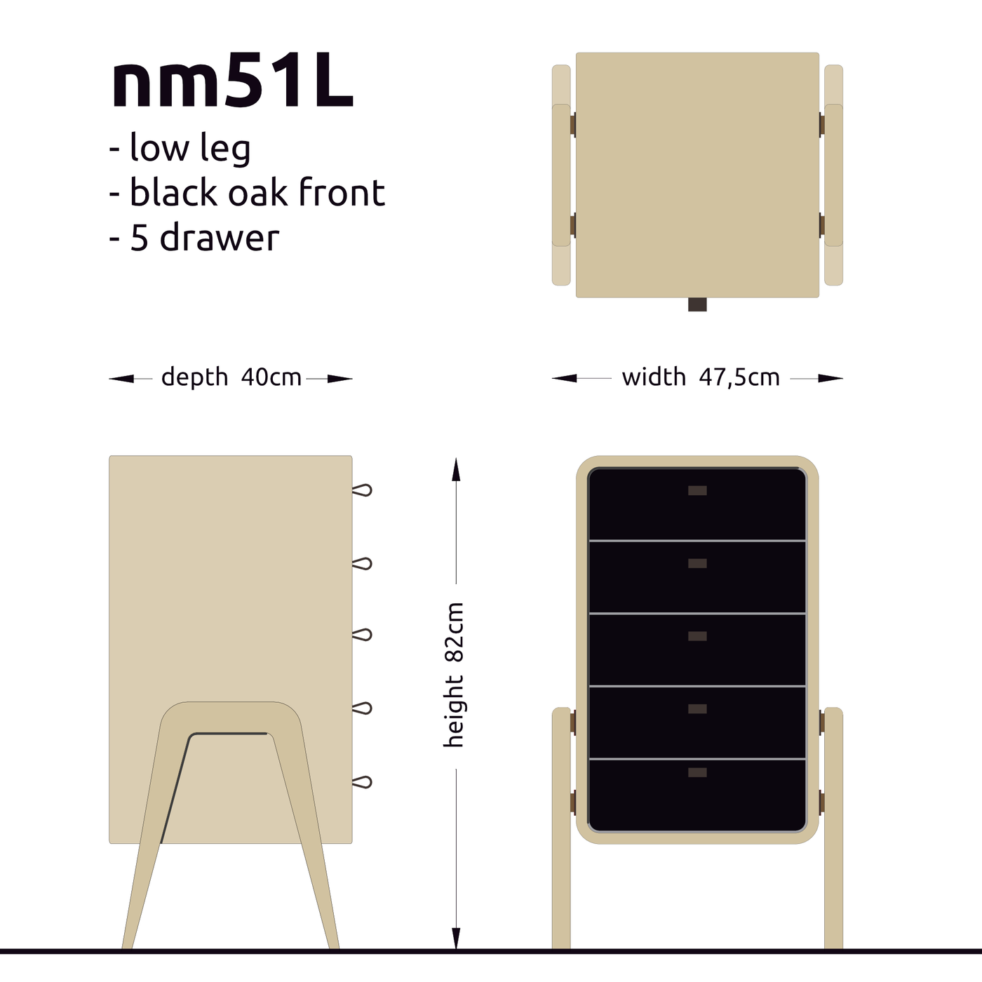 Low drawer unit nm51L. The main corpus is crafted from solid Norwegian oak, featuring 5 drawers with black oak front.