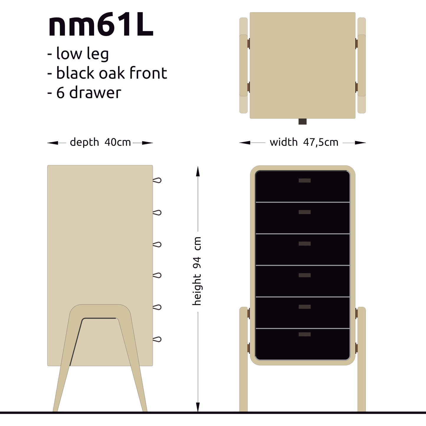 Low drawer unit nm61L. The main corpus is crafted from solid Norwegian oak, featuring 6 drawers with black oak front.